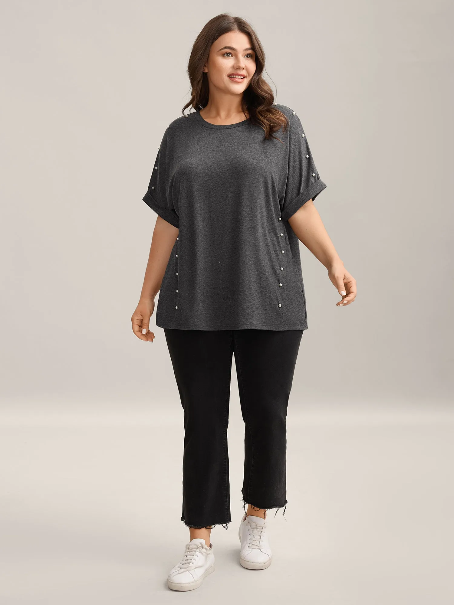 Pearl Beaded Shoulder Plain T-Shirt sold by Bloomchic product image thumbnail 3