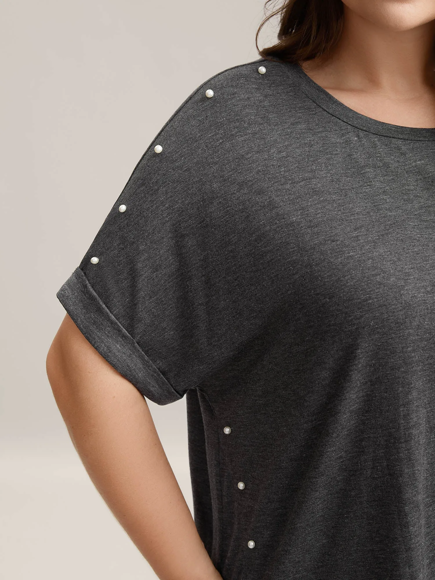 Pearl Beaded Shoulder Plain T-Shirt sold by Bloomchic product image thumbnail 2