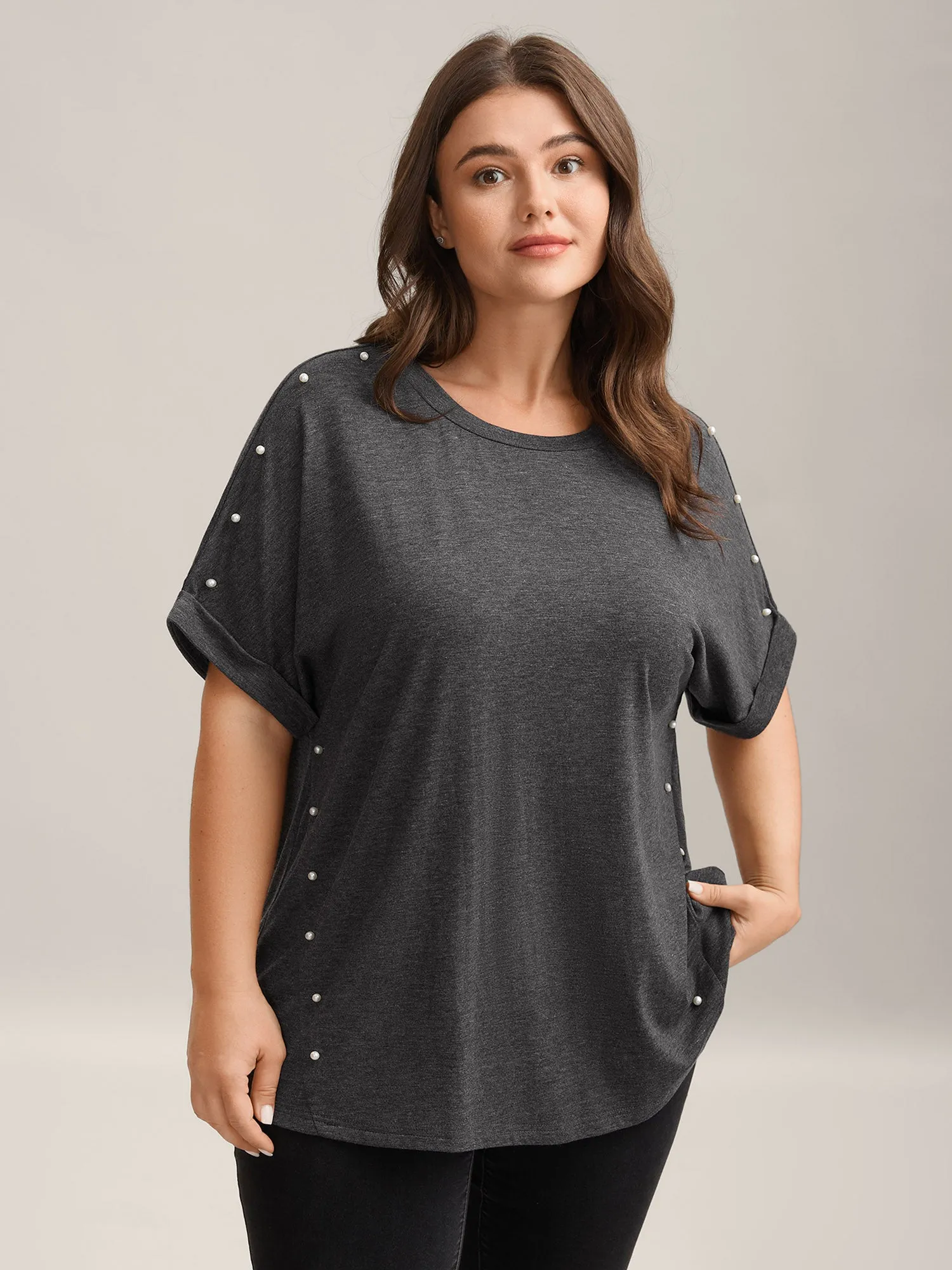 Pearl Beaded Shoulder Plain T-Shirt sold by Bloomchic