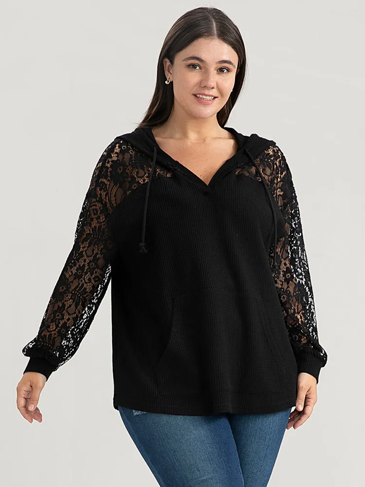 Solid Pocket Lace Rib Knit Drawstring Sweatshirt sold by Bloomchic product image thumbnail 5
