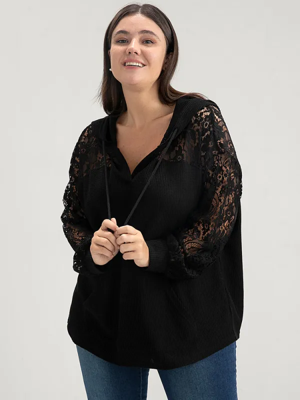 Solid Pocket Lace Rib Knit Drawstring Sweatshirt sold by Bloomchic