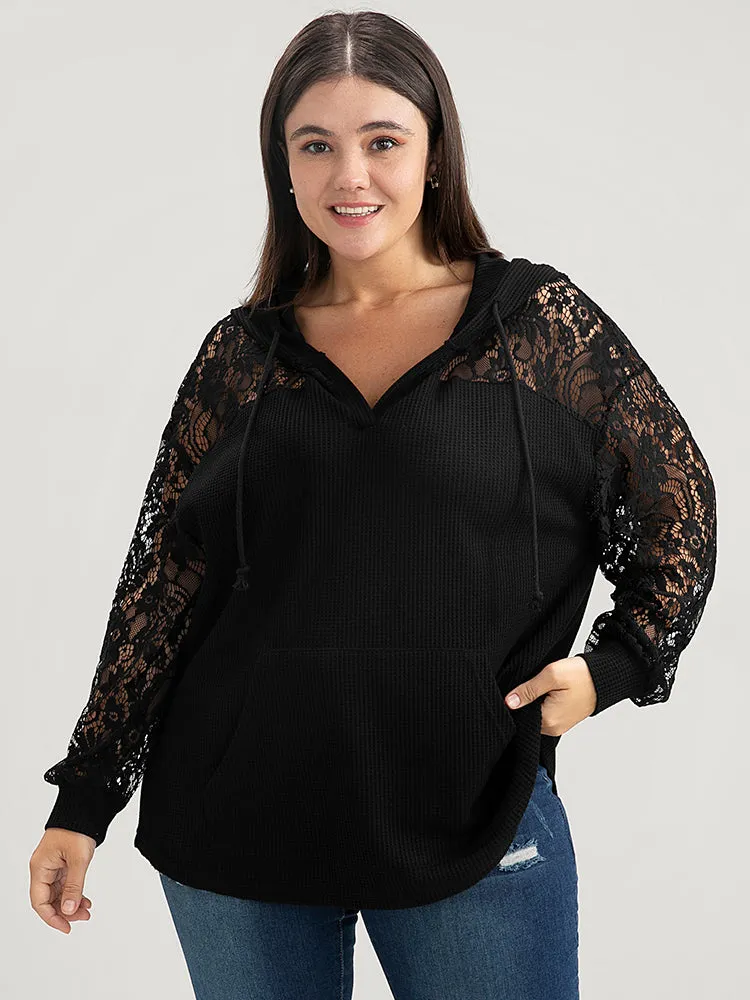 Solid Pocket Lace Rib Knit Drawstring Sweatshirt sold by Bloomchic product image thumbnail 4