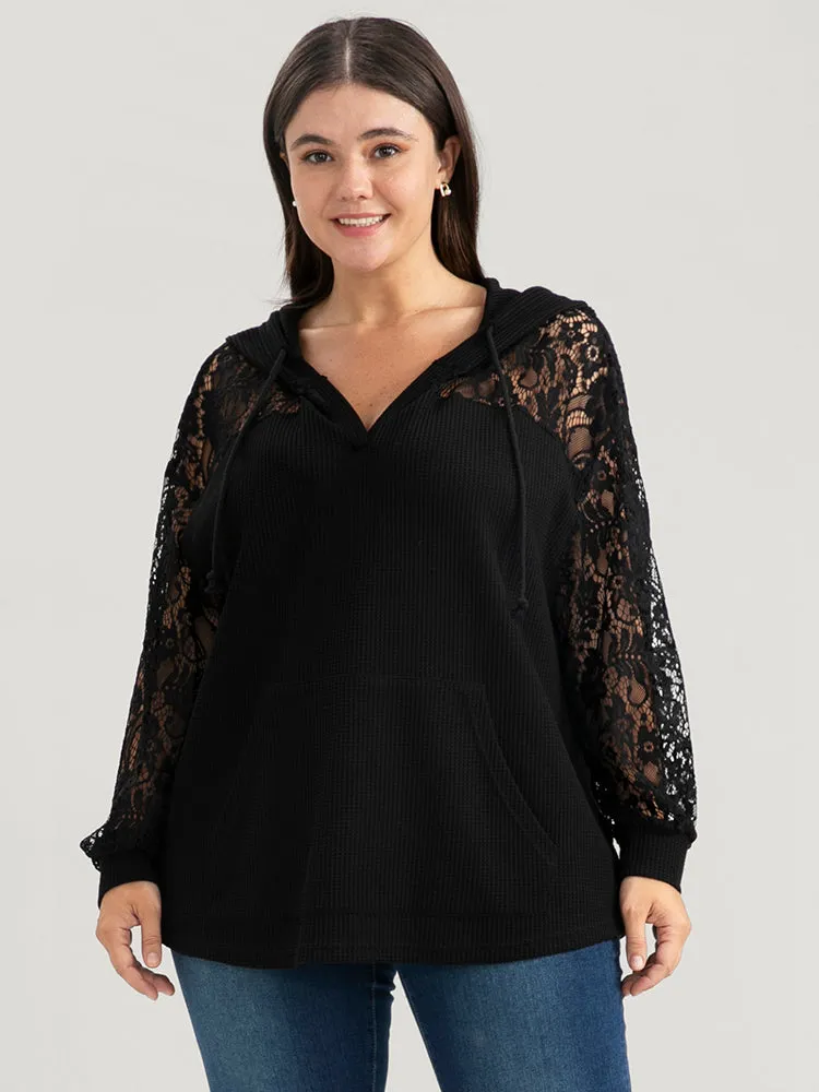 Solid Pocket Lace Rib Knit Drawstring Sweatshirt sold by Bloomchic product image thumbnail 3