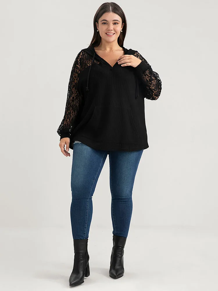 Solid Pocket Lace Rib Knit Drawstring Sweatshirt sold by Bloomchic product image thumbnail 2