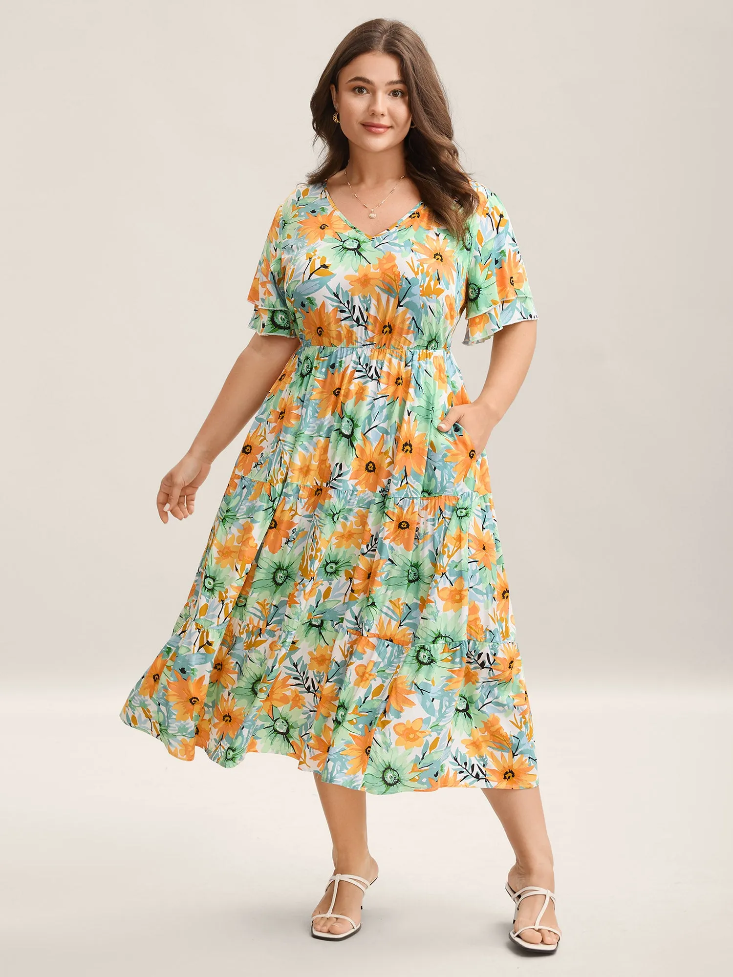 Floral Print Rayon Pockets Tiered Midi Dress sold by Bloomchic