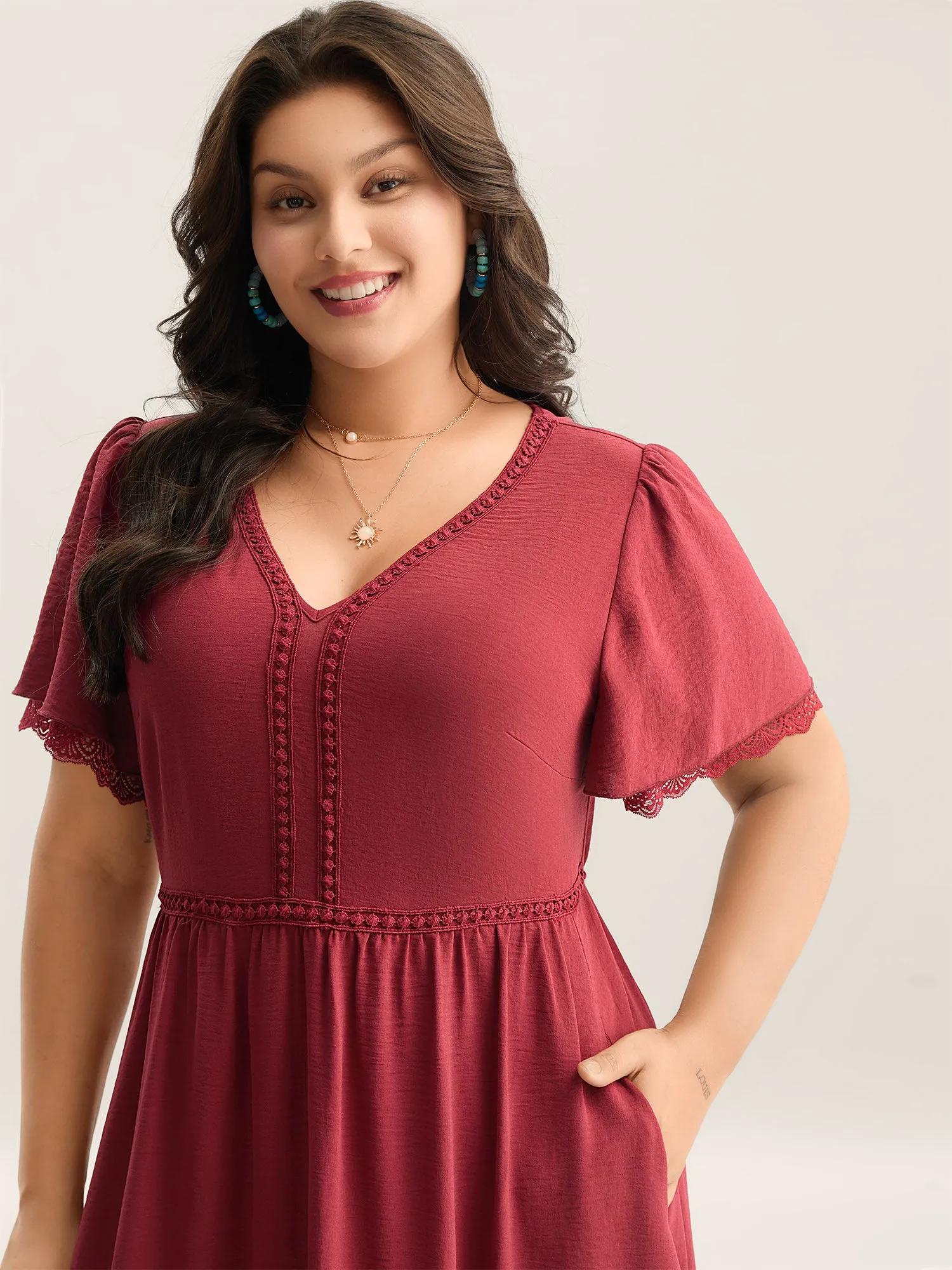 Lace Trim Neck Sheer Pockets Maxi Dress sold by Bloomchic