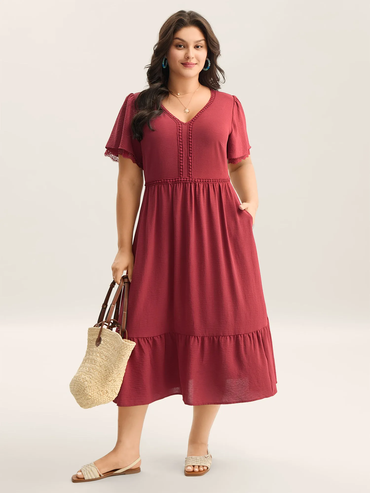 Lace Trim Neck Sheer Pockets Maxi Dress sold by Bloomchic product image thumbnail 3