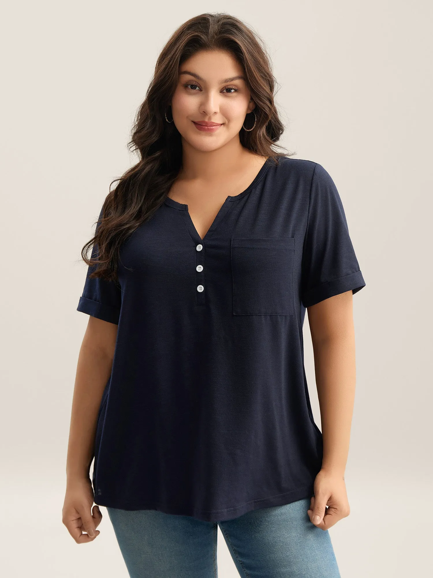 Solid Split Neck Button Detail T-Shirt sold by Bloomchic