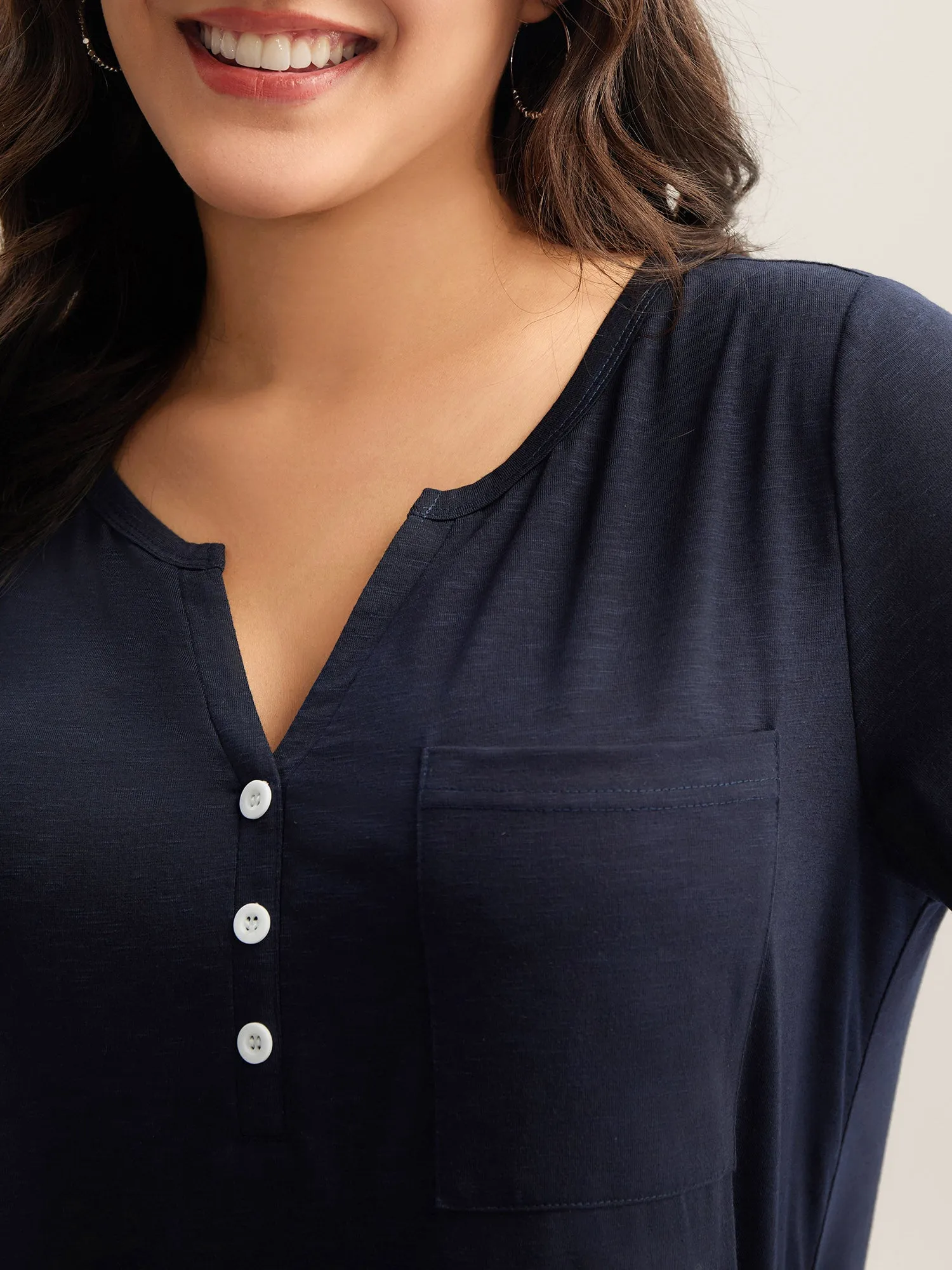Solid Split Neck Button Detail T-Shirt sold by Bloomchic product image thumbnail 2