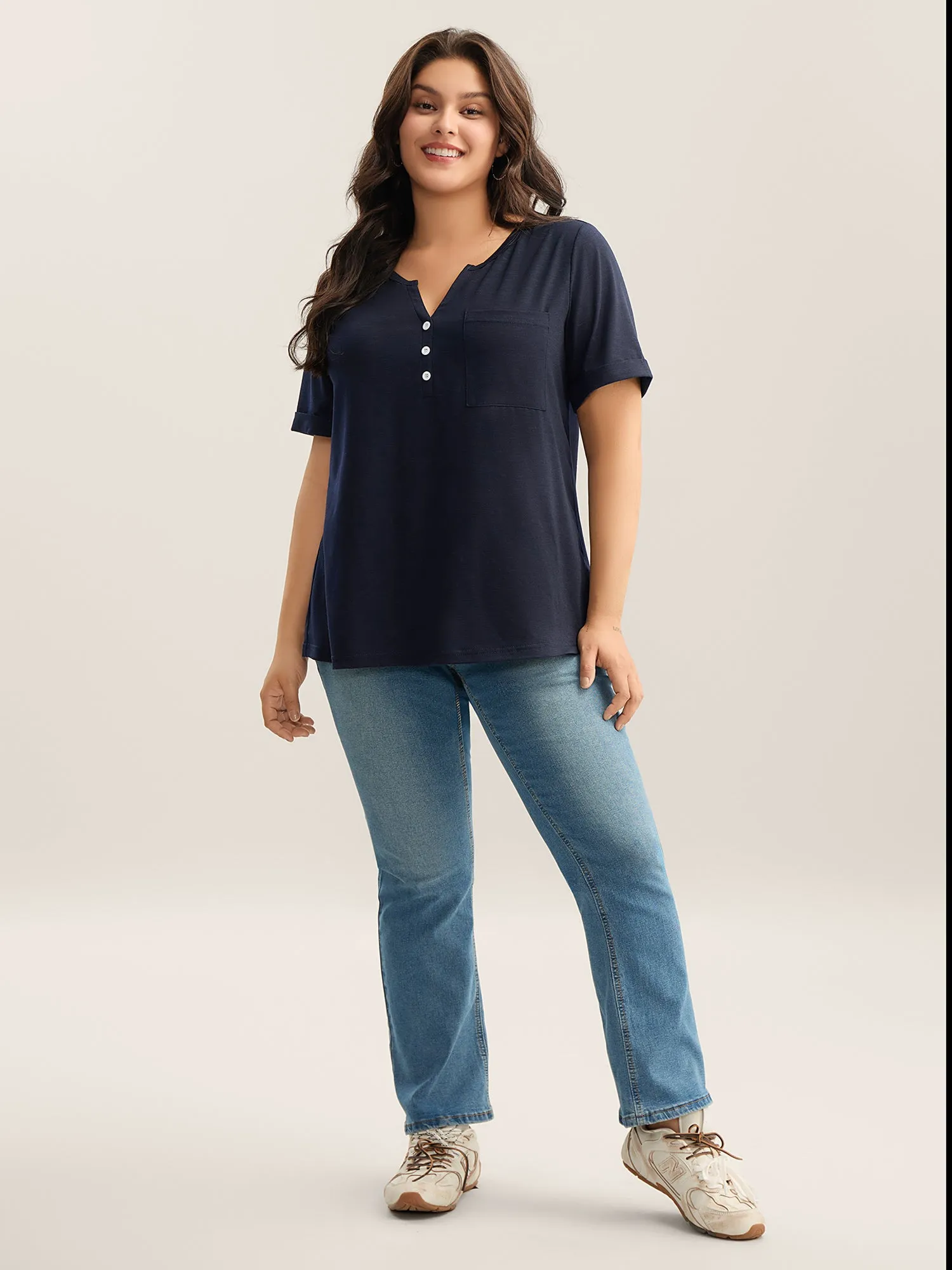 Solid Split Neck Button Detail T-Shirt sold by Bloomchic product image thumbnail 3