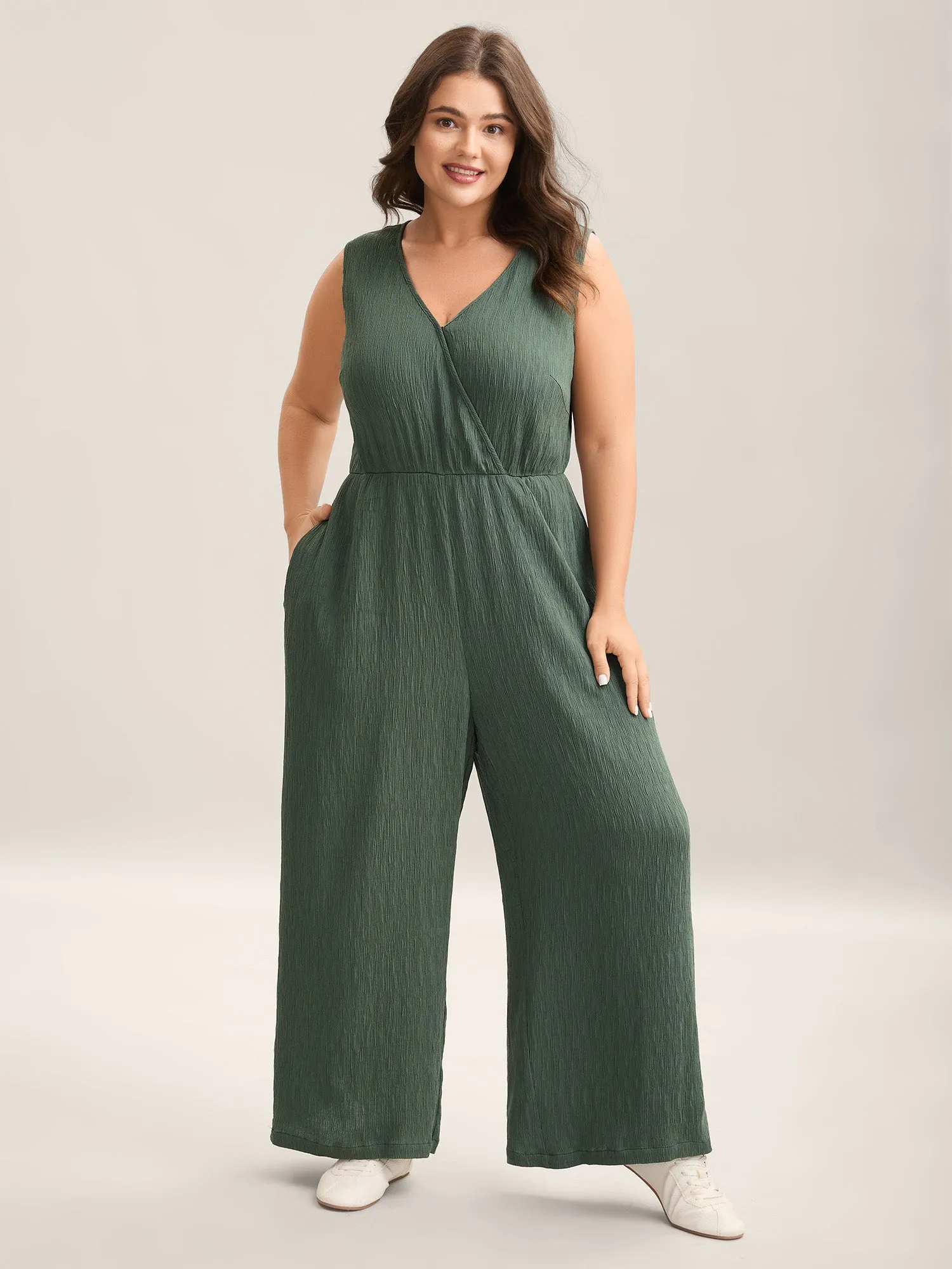 Textured Plain Pockets Wide-Leg Jumpsuit sold by Bloomchic