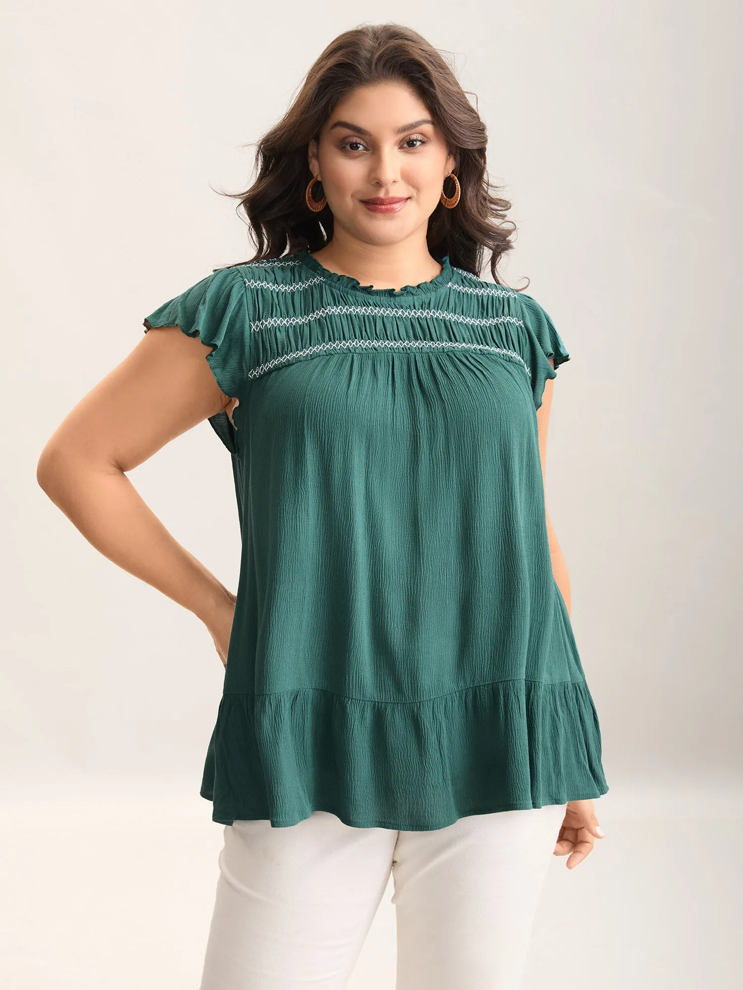 Rayon Shirred Neck Flutter Sleeve Tiered Blouse sold by Bloomchic