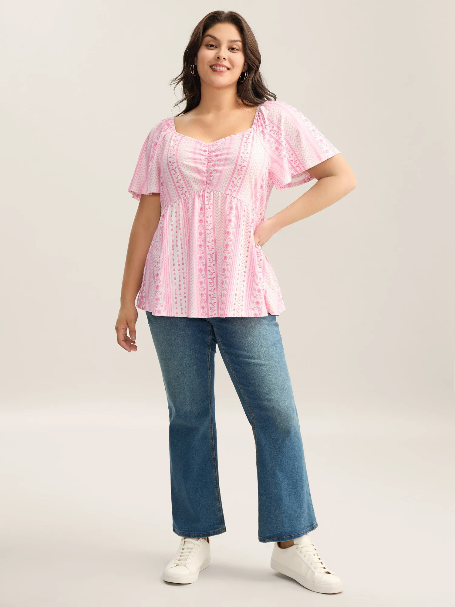 Floral Stripes Pleated Sweetheart Neck Top sold by Bloomchic product image thumbnail 3