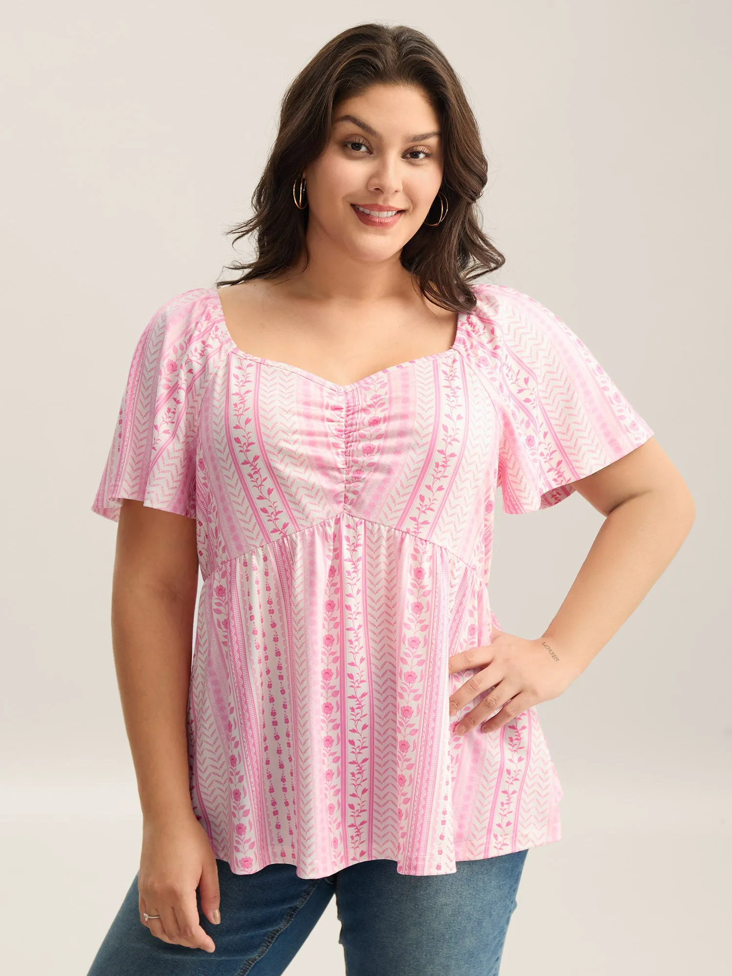 Floral Stripes Pleated Sweetheart Neck Top sold by Bloomchic product image thumbnail 2