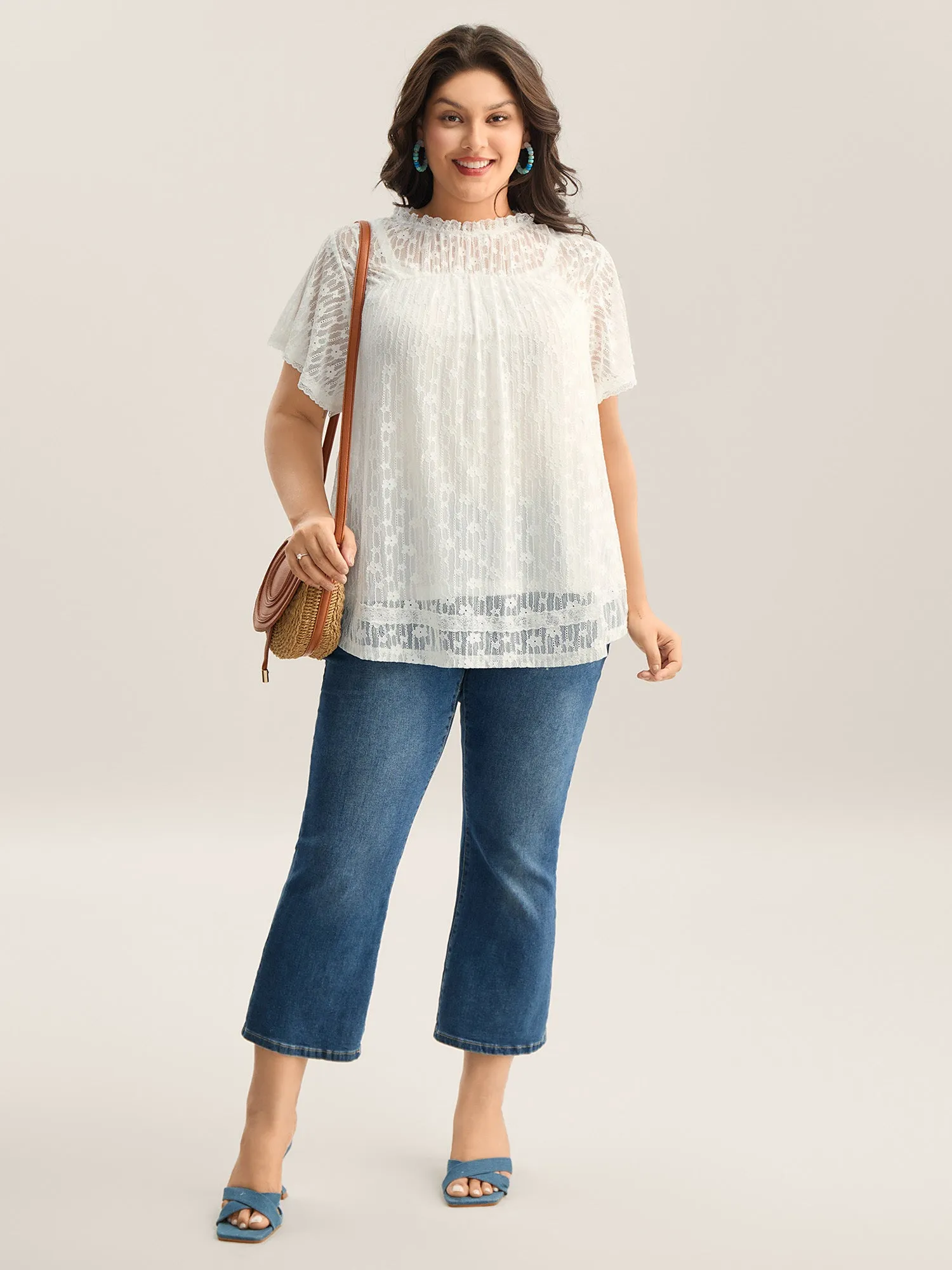 Two-Piece Sheer Lace Trim Ruffled Plain Top sold by Bloomchic product image thumbnail 3