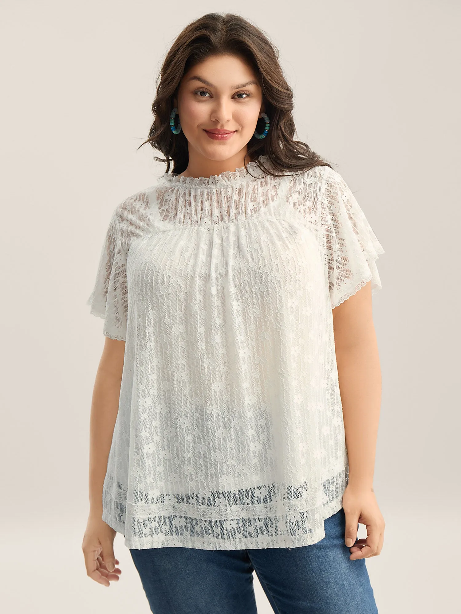Two-Piece Sheer Lace Trim Ruffled Plain Top sold by Bloomchic product image thumbnail 2