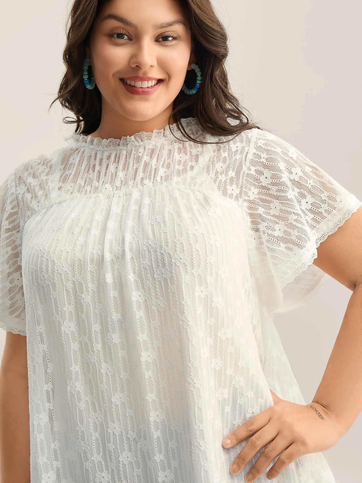 Two-Piece Sheer Lace Trim Ruffled Plain Top sold by Bloomchic