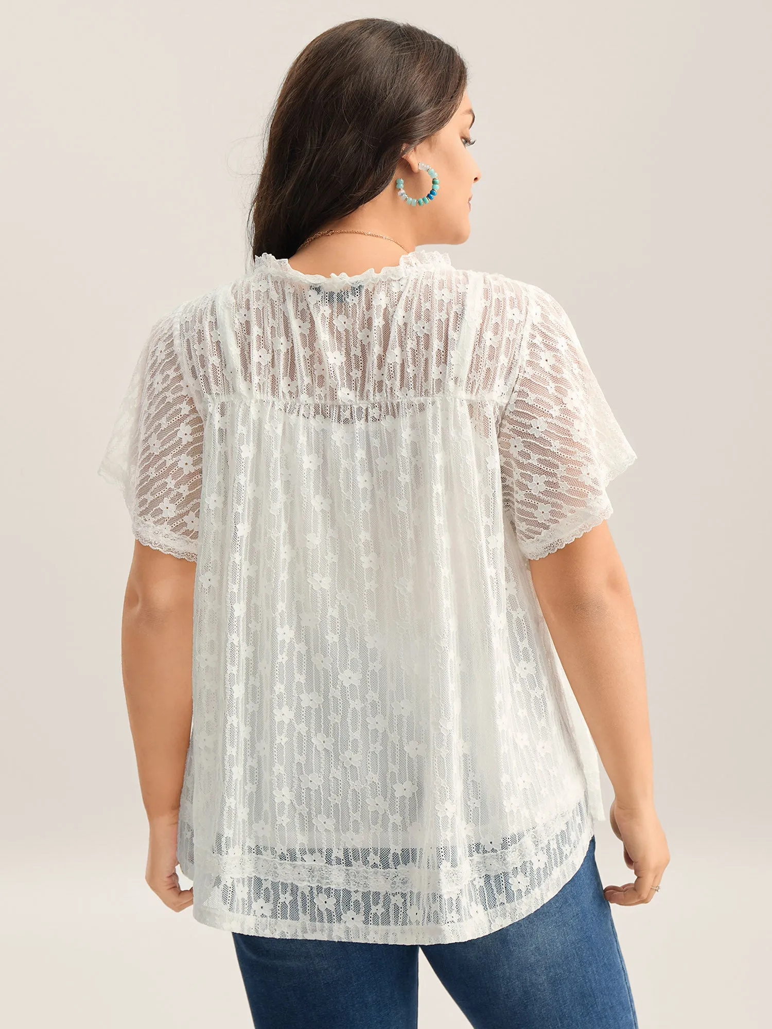 Two-Piece Sheer Lace Trim Ruffled Plain Top sold by Bloomchic product image thumbnail 4