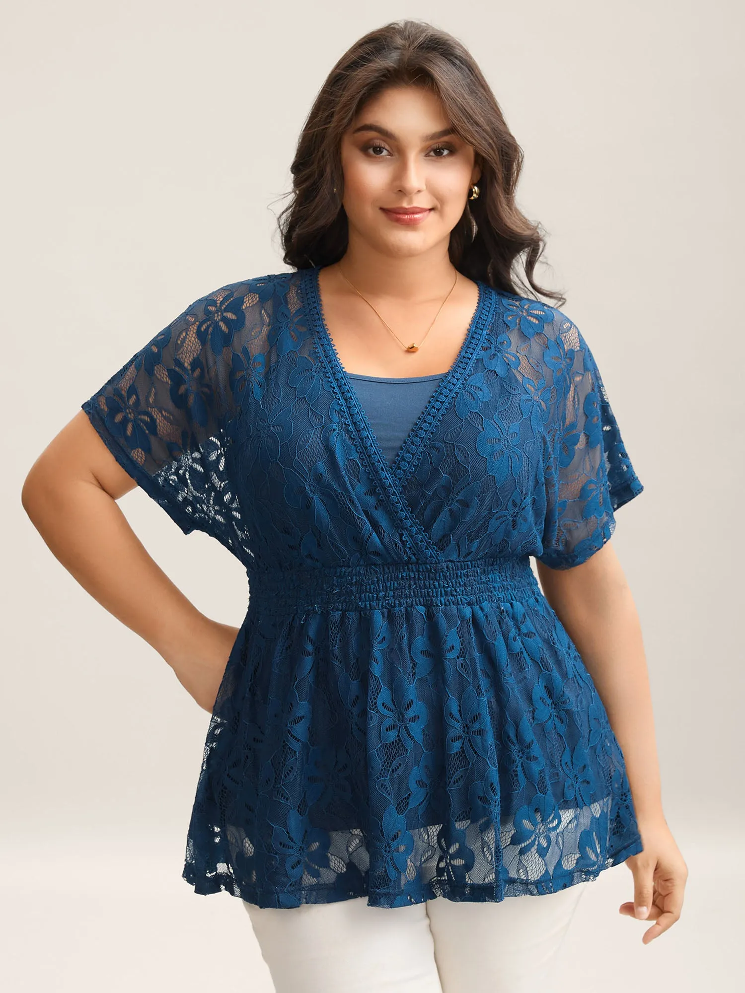 Stretchy Two-Piece Lace Trim Sheer Top sold by Bloomchic