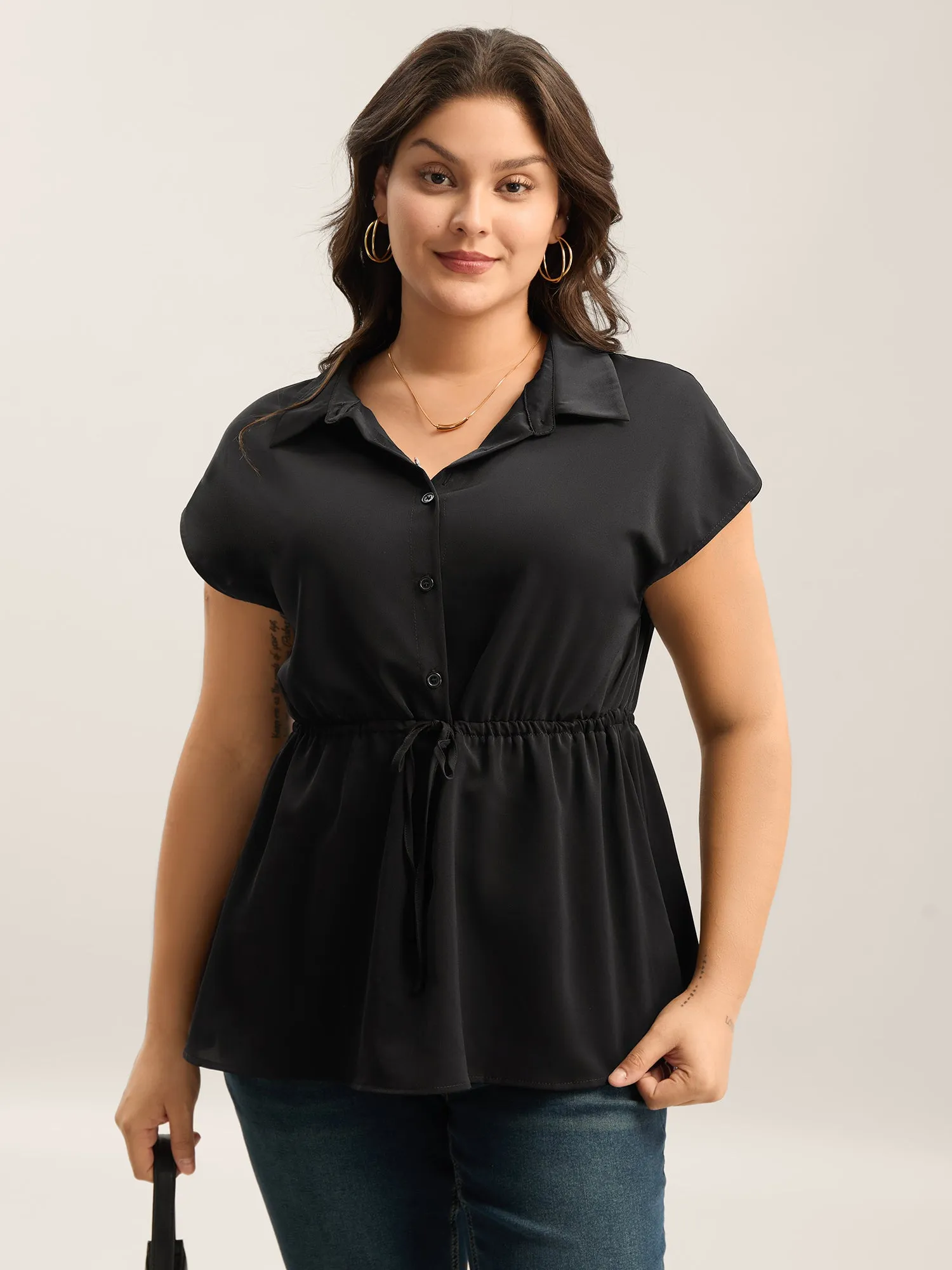 Solid Drawstring Waist Blouse sold by Bloomchic