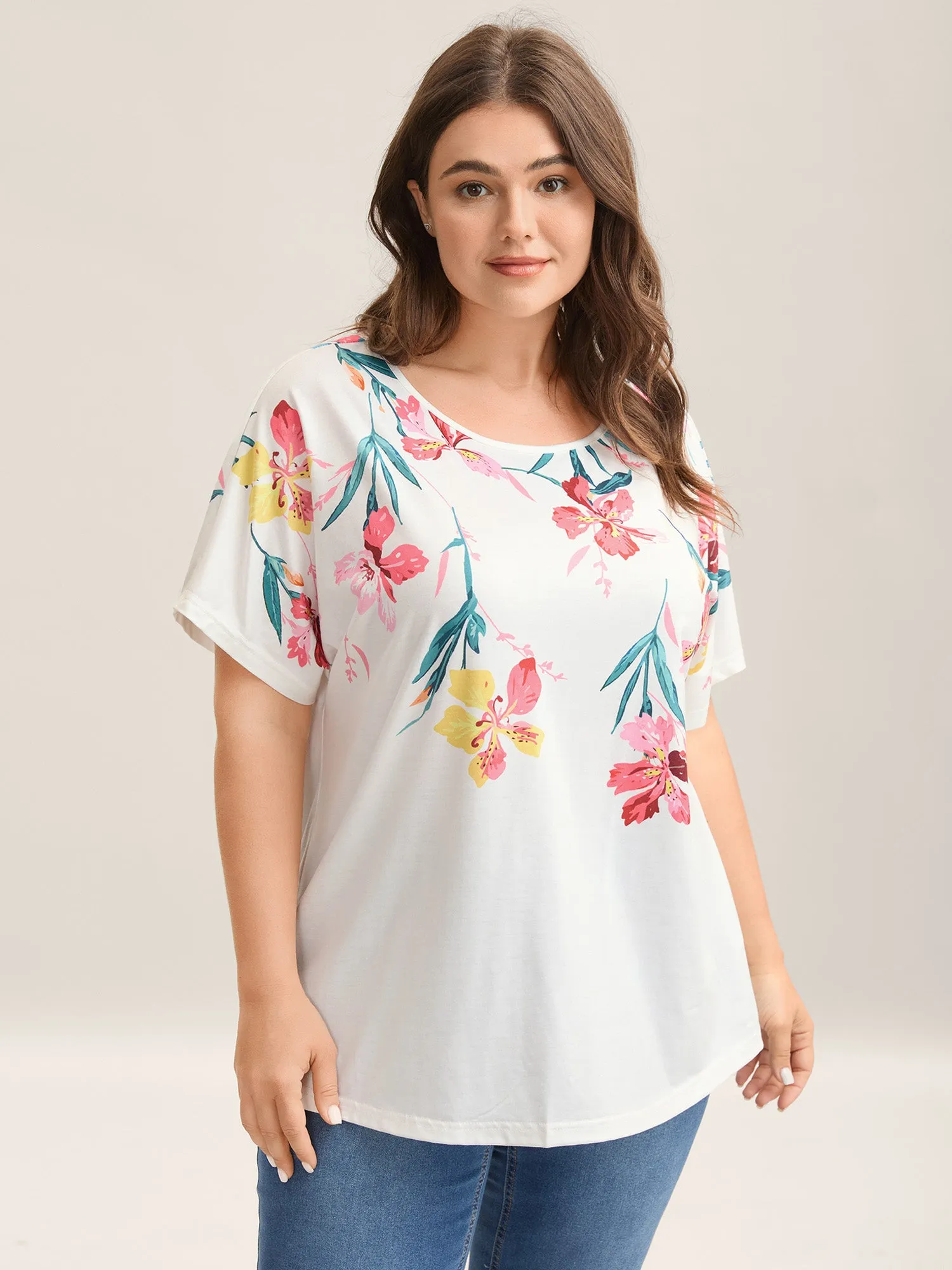 Floral Print Round Neck T-Shirt sold by Bloomchic