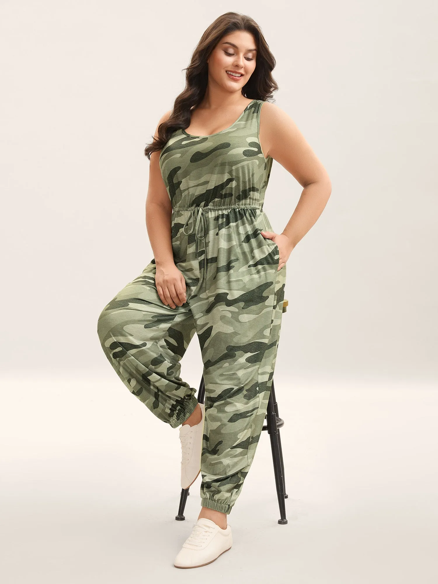 Stretchy Waist Camouflage Print Pockets Jumpsuit sold by Bloomchic