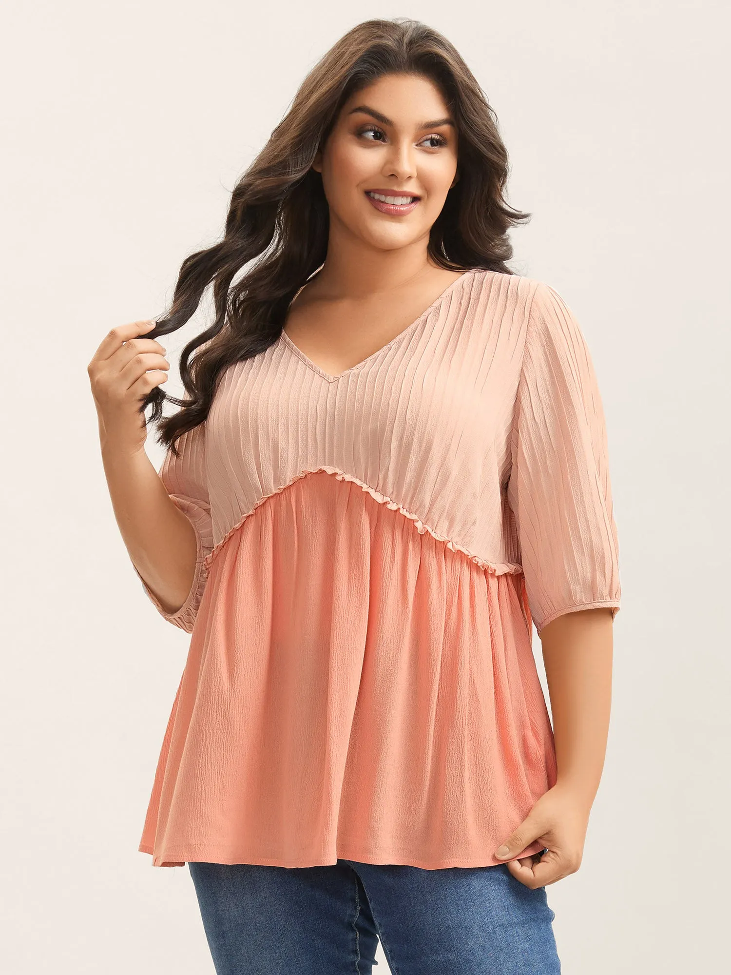 Pleated Layered Sheer Puff Sleeve Blouse sold by Bloomchic