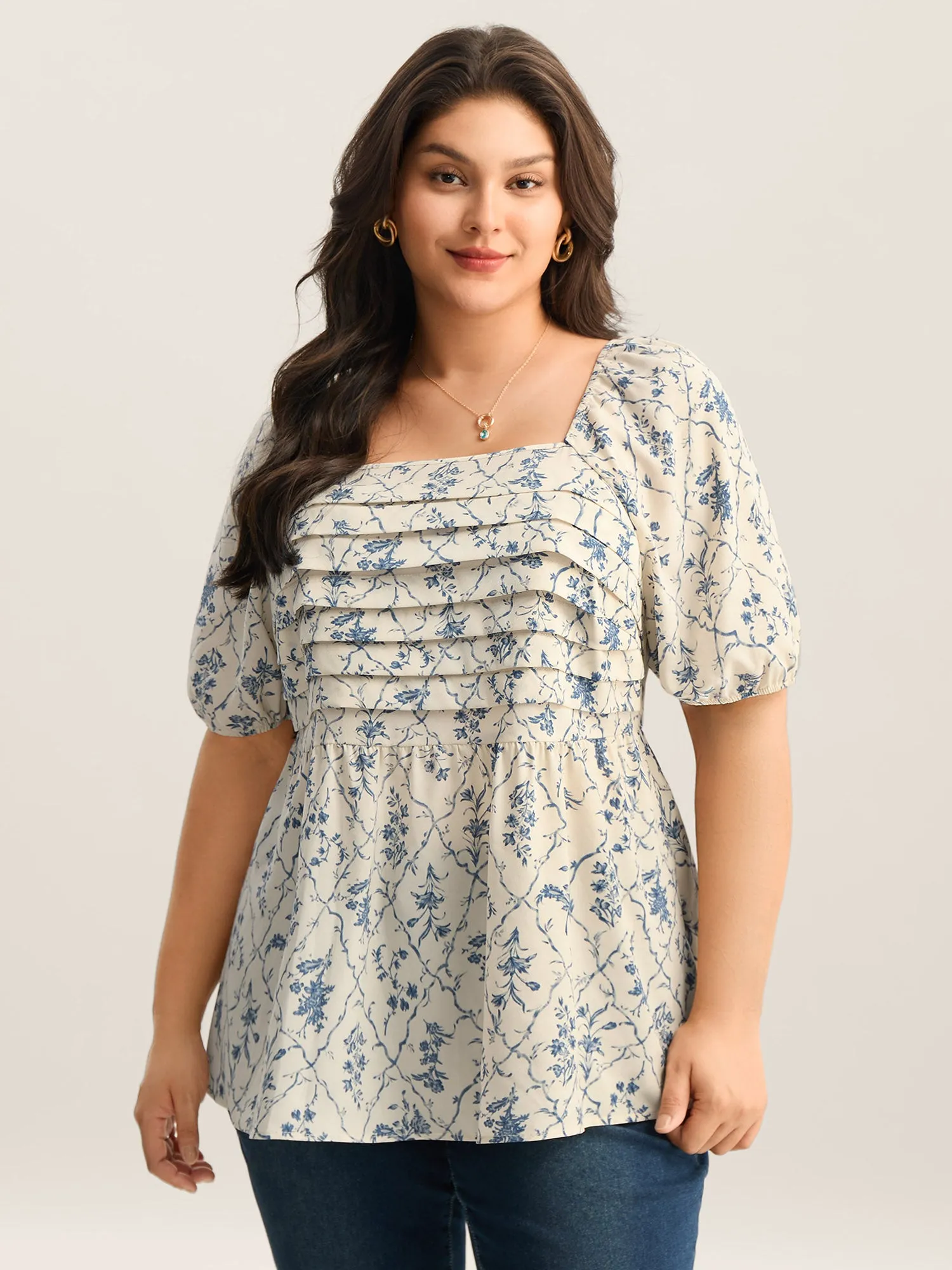 Floral Pleated Bodice Puffy Sleeve Blouse sold by Bloomchic product image thumbnail 2