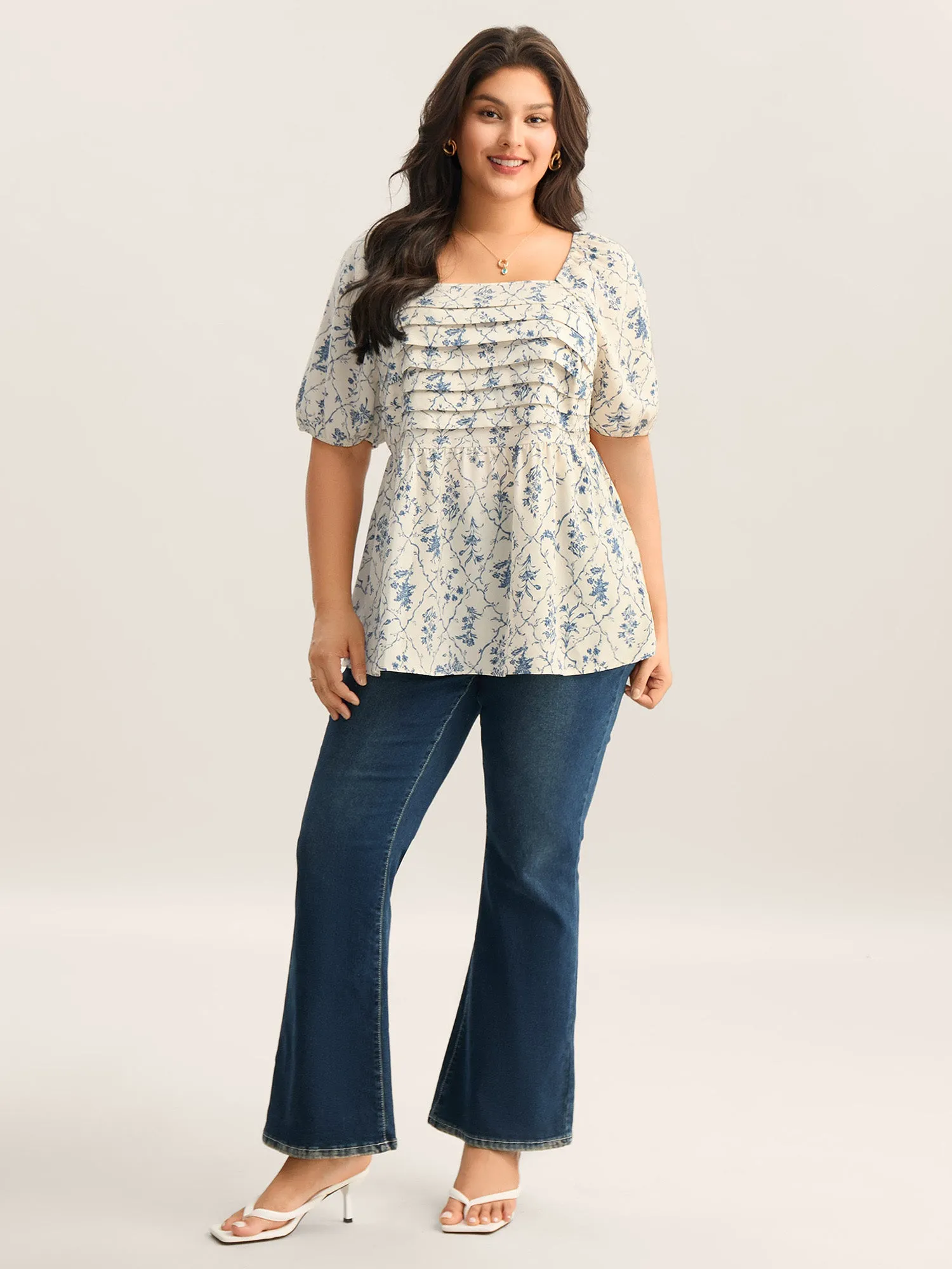 Floral Pleated Bodice Puffy Sleeve Blouse sold by Bloomchic product image thumbnail 3