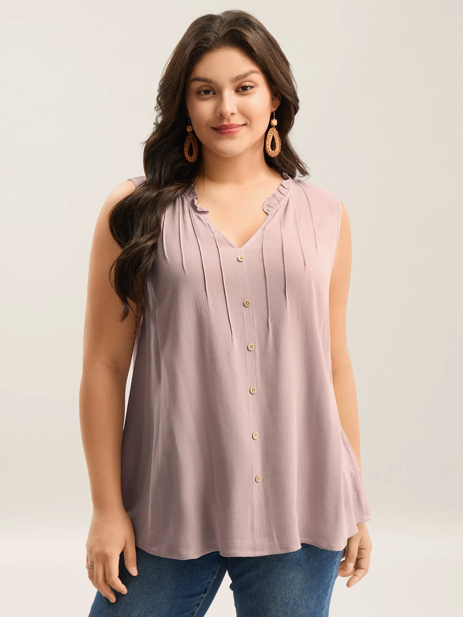 Toothpick Pleat Button Detail Sleeveless Top sold by Bloomchic