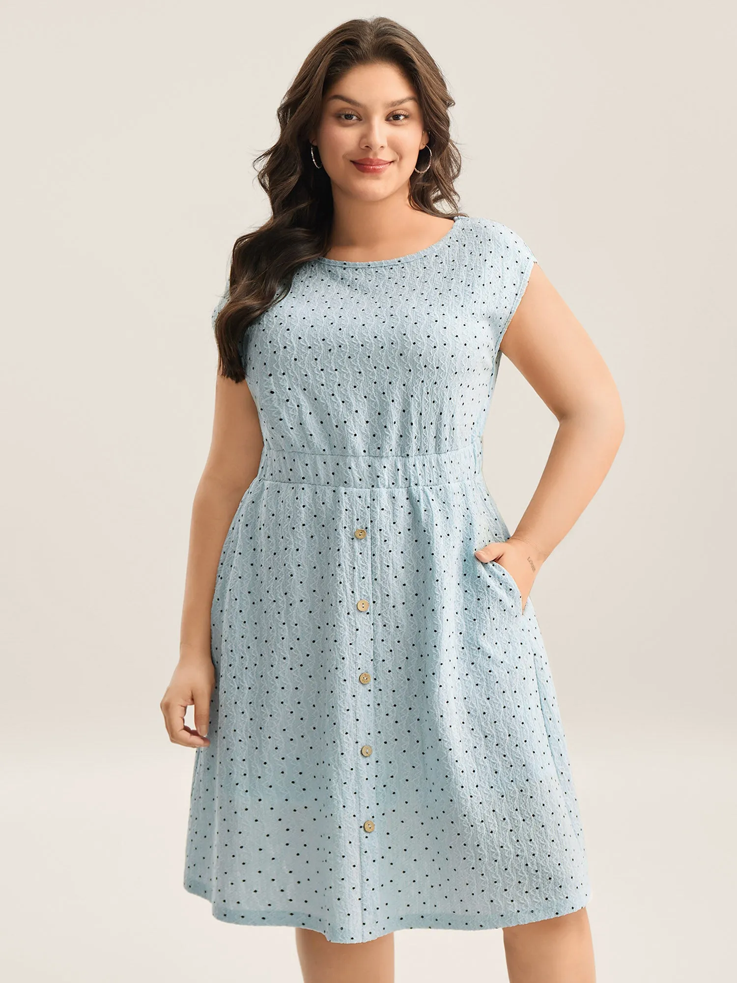 Textured Dot Print Button Detail Midi Dress sold by Bloomchic