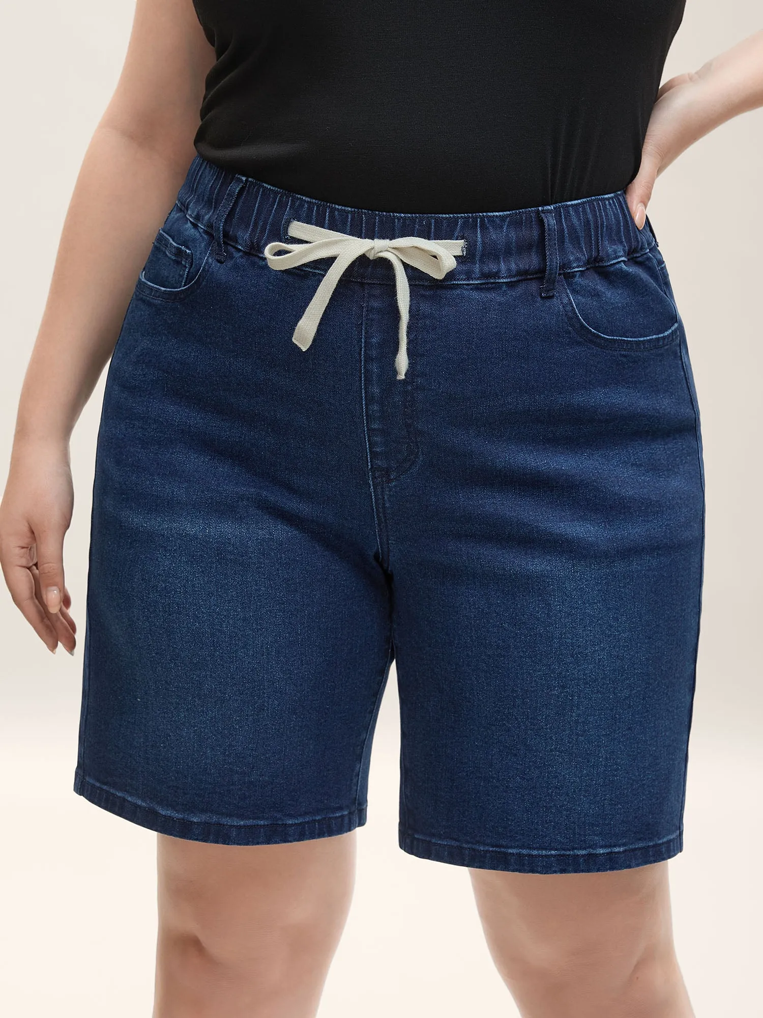 Stretchy Waist Tie Straight-Leg Denim Shorts sold by Bloomchic