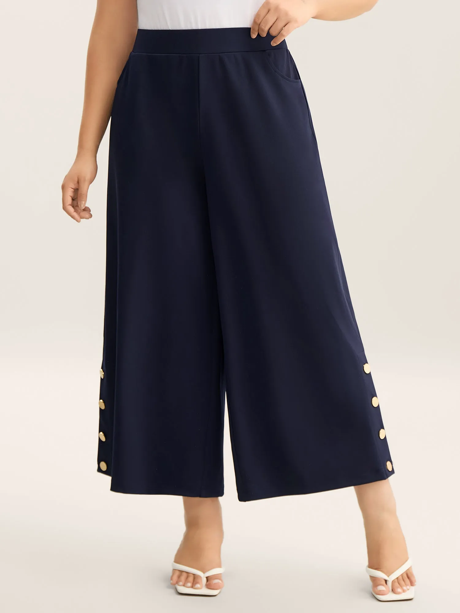 Button Detail Wide-Leg Pull-On Pants sold by Bloomchic product image thumbnail 2