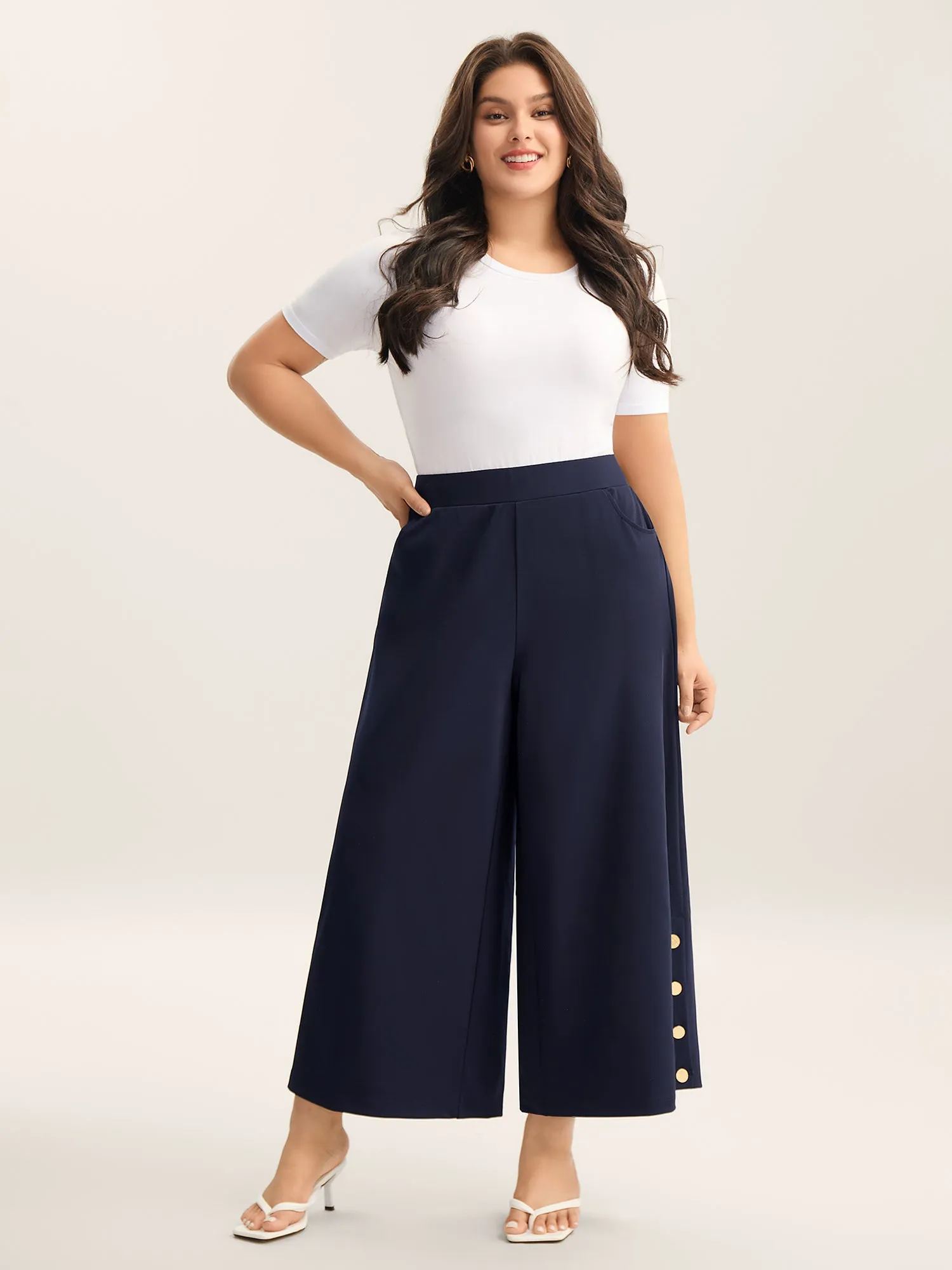 Button Detail Wide-Leg Pull-On Pants sold by Bloomchic