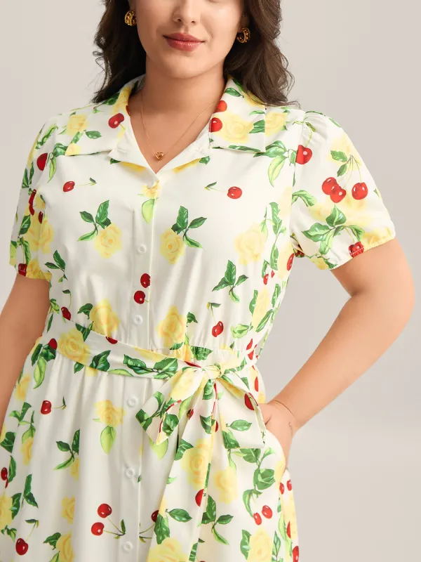 Rosy Cherry Print Stretchy Waist Shirt Dress sold by Bloomchic