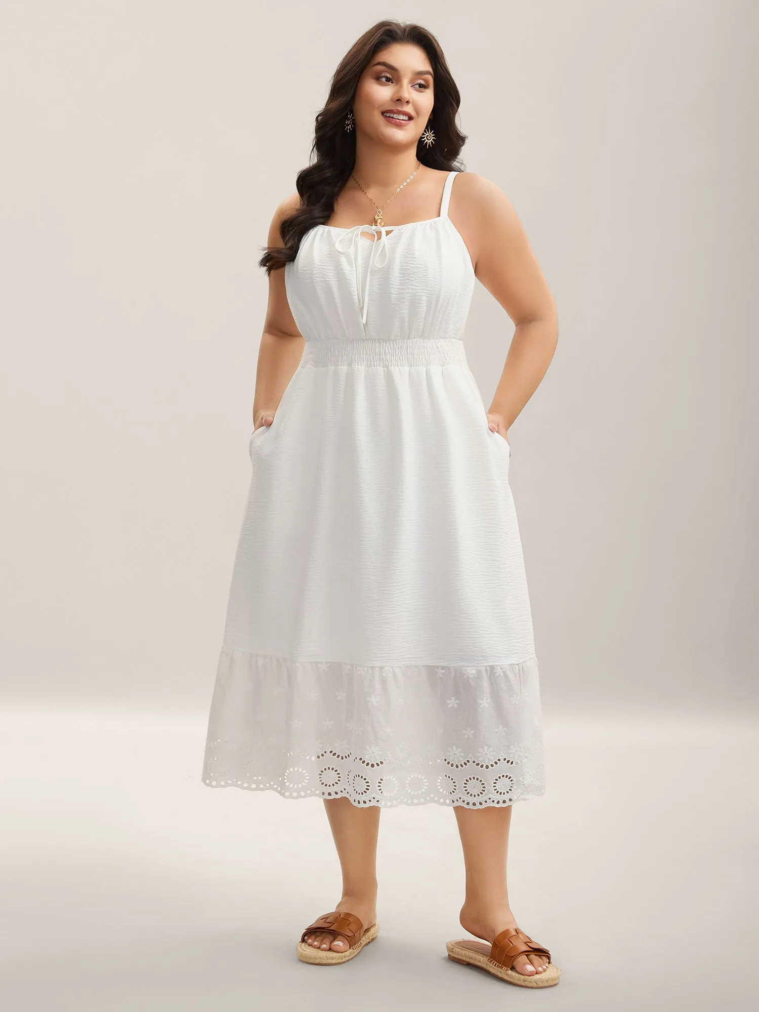Embroidered Shirred Waist Adjustable Midi Dress sold by Bloomchic product image thumbnail 3