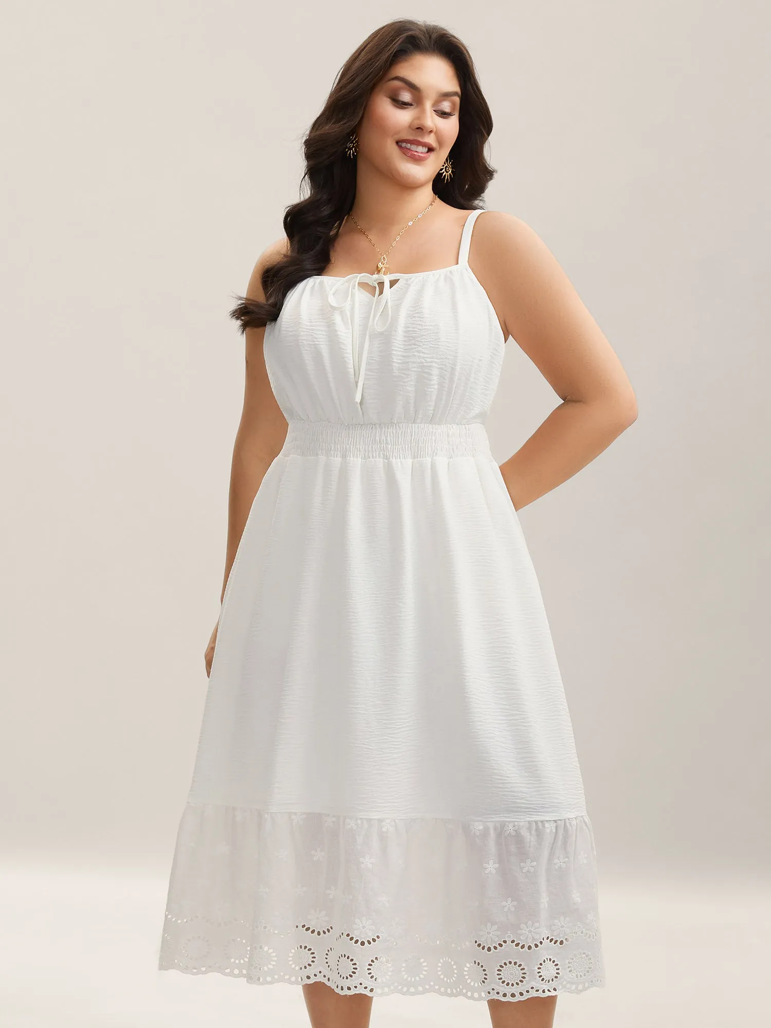 Embroidered Shirred Waist Adjustable Midi Dress sold by Bloomchic