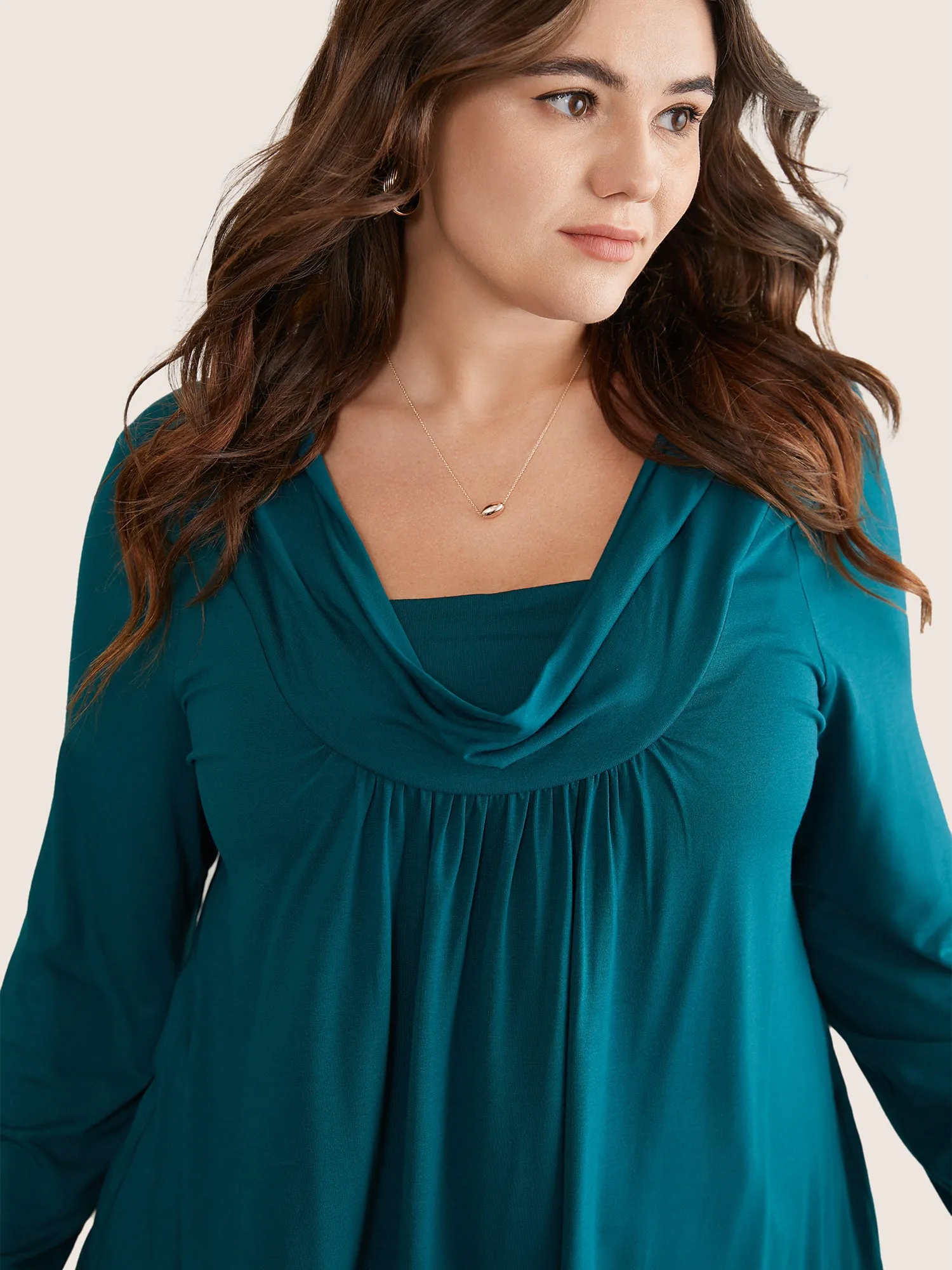 Solid Cowl Neck Gathered Arc Hem T-shirt sold by Bloomchic product image thumbnail 4