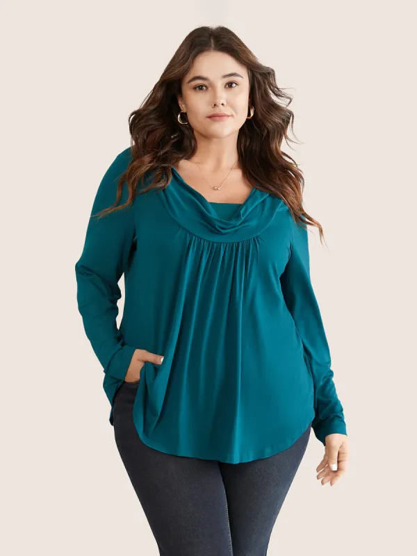 Solid Cowl Neck Gathered Arc Hem T-shirt sold by Bloomchic