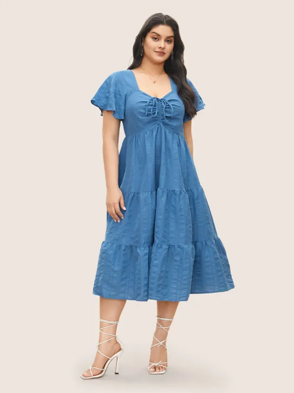 Plain Ruched Drawstring Pocket Ruffle Tiered Dress sold by Bloomchic