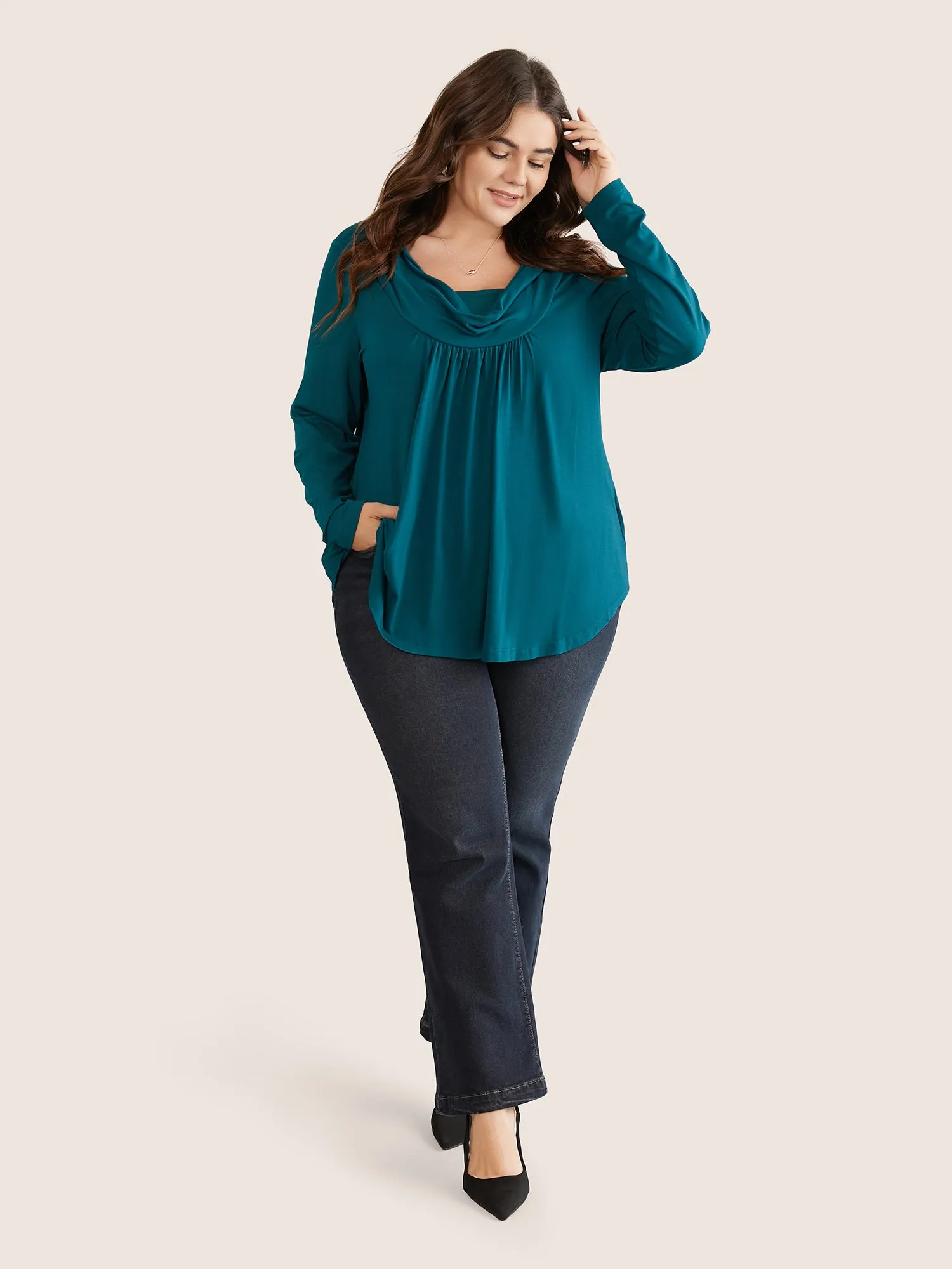 Solid Cowl Neck Gathered Arc Hem T-shirt sold by Bloomchic product image thumbnail 3