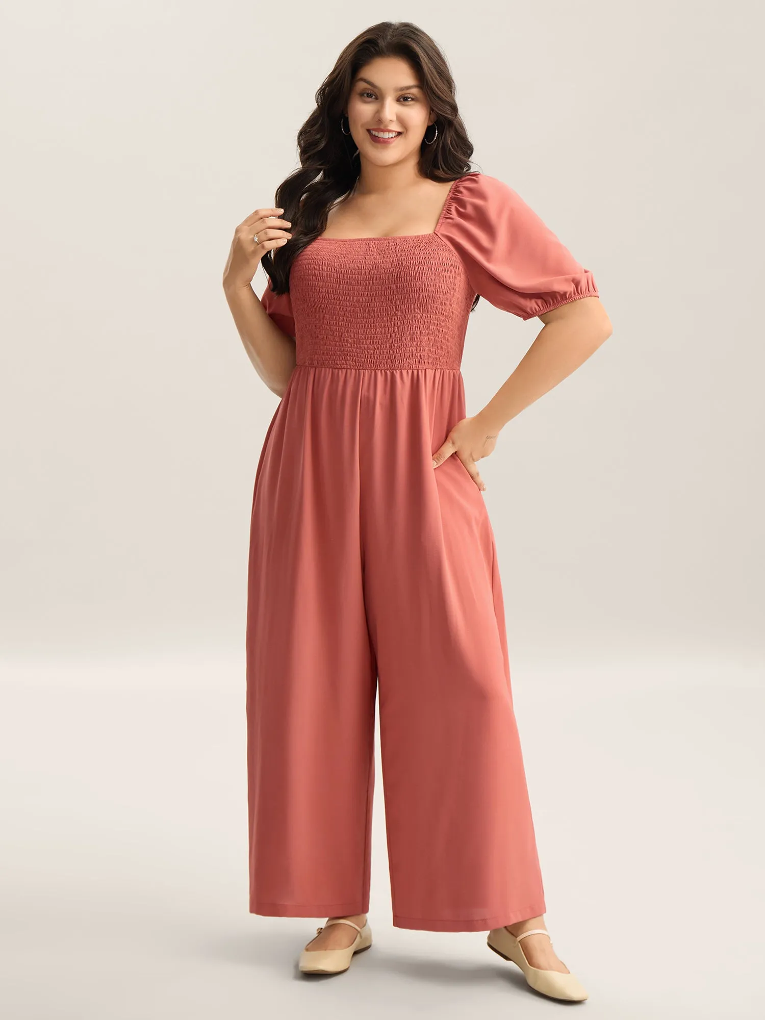 Shirred Puffy Sleeve Pockets Jumpsuit sold by Bloomchic product image thumbnail 2