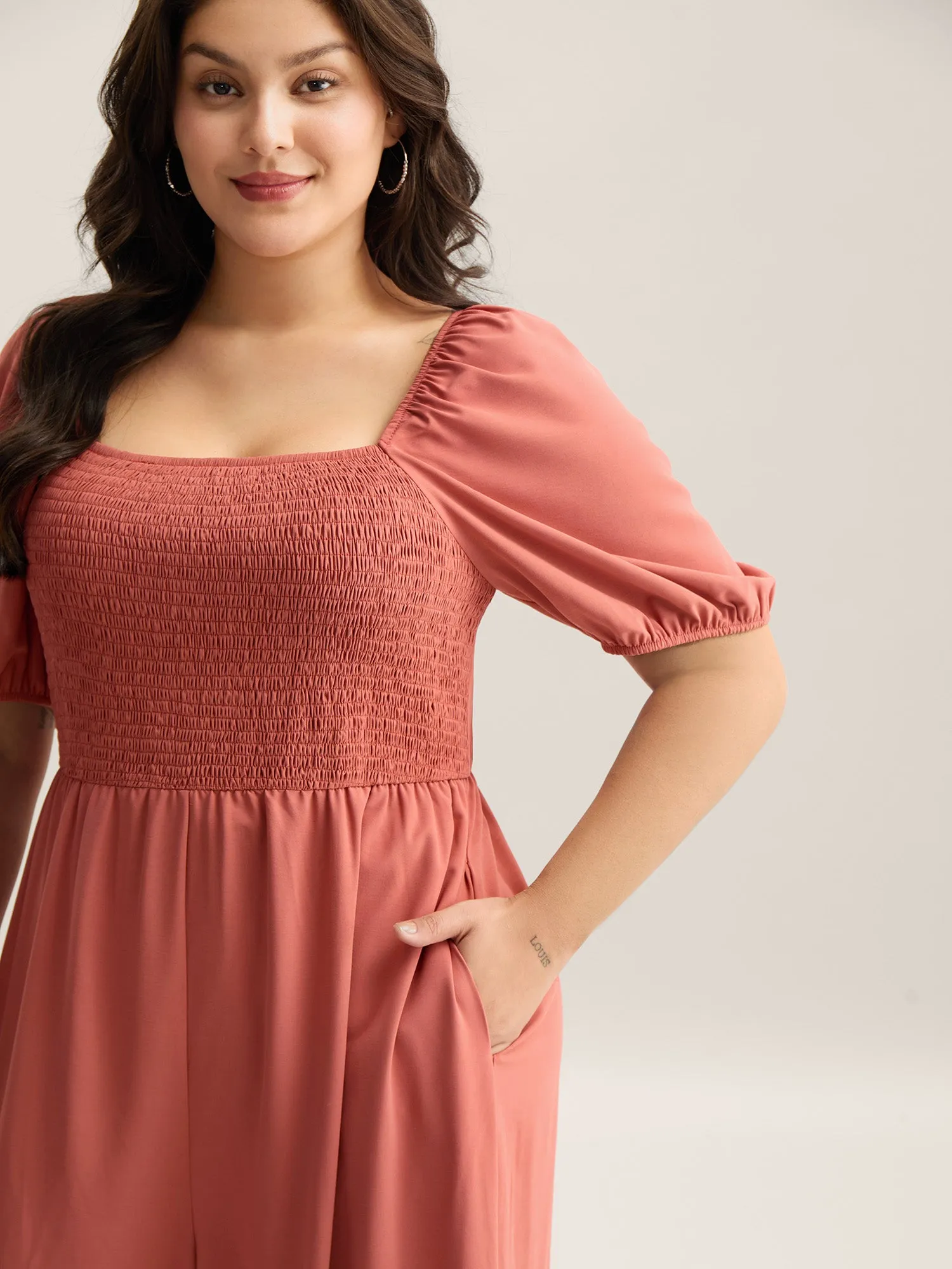 Shirred Puffy Sleeve Pockets Jumpsuit sold by Bloomchic