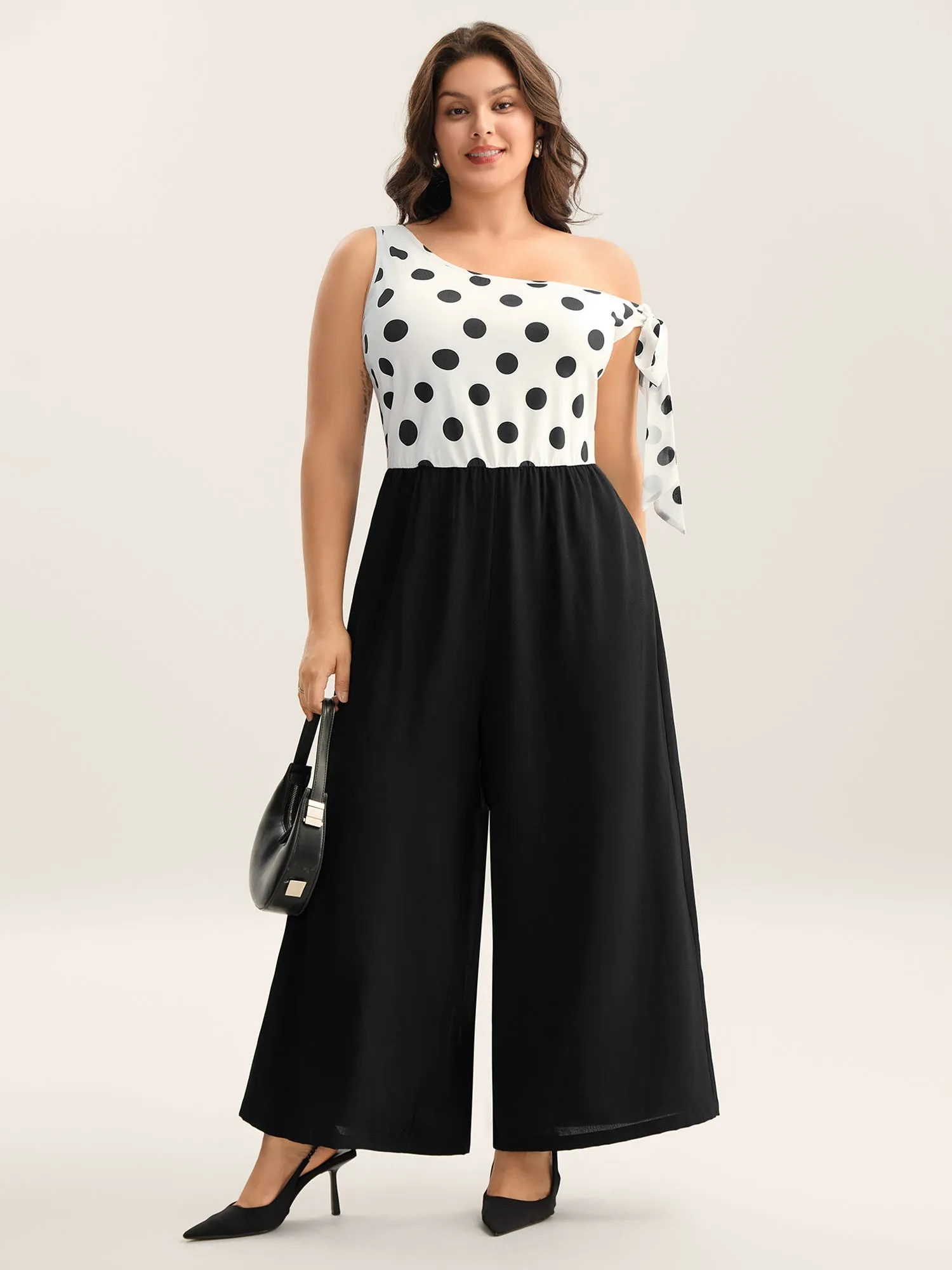 Polka Dots One-Shoulder Tied Jumpsuit sold by Bloomchic