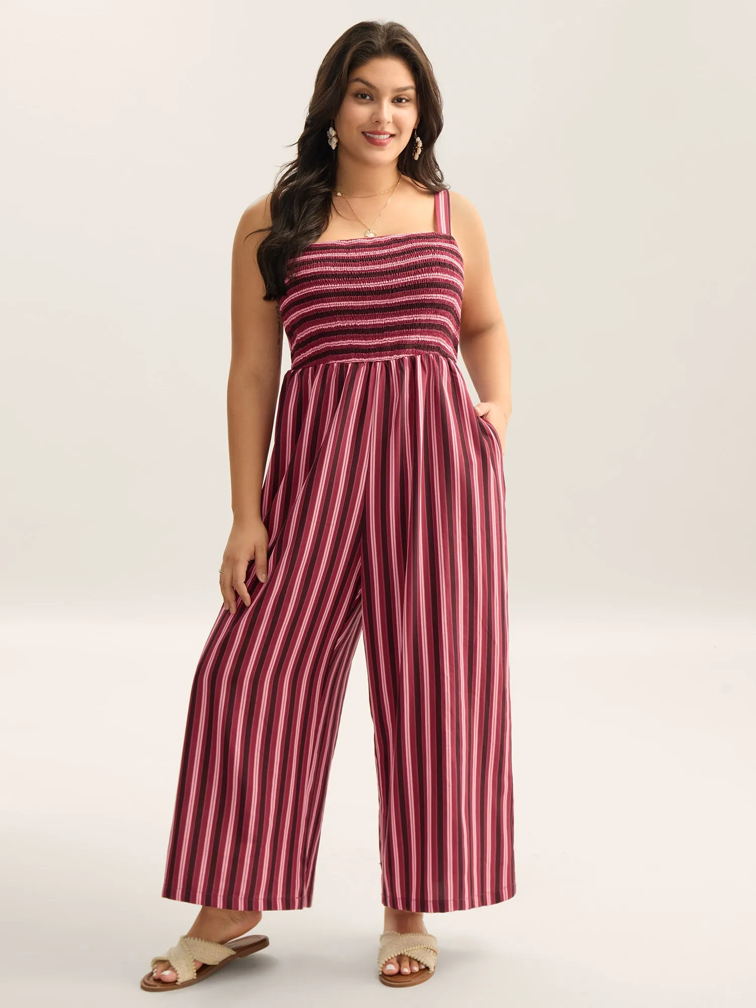 Shirred Stripes Adjustable Pockets Jumpsuit sold by Bloomchic product image thumbnail 3