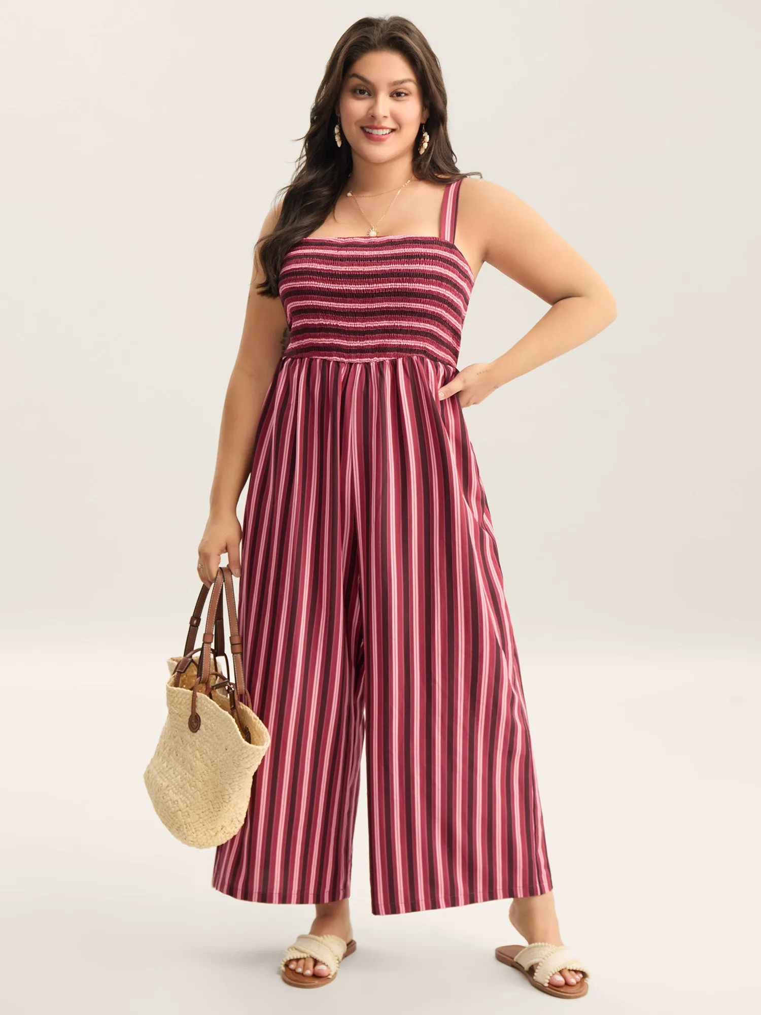 Shirred Stripes Adjustable Pockets Jumpsuit sold by Bloomchic