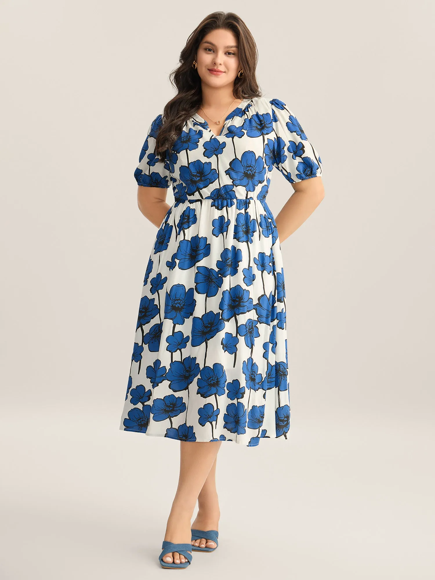 Large Floral Print Notched Collar Midi Dress sold by Bloomchic product image thumbnail 3