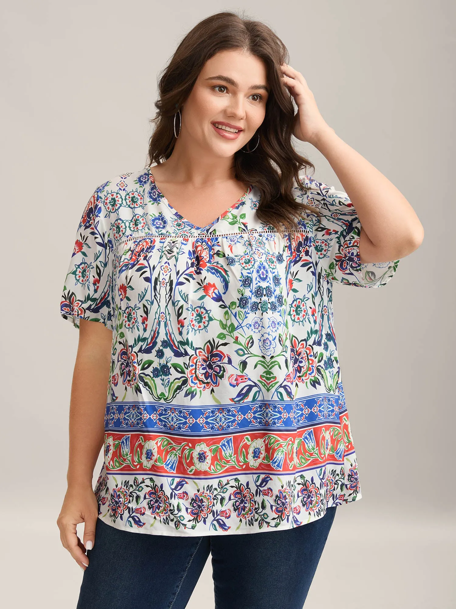 Rayon Floral Boho Print Lace Trim Blouse sold by Bloomchic