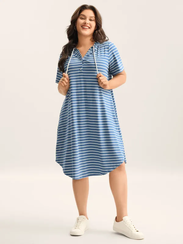 Stripe Print Curvy Hem Hooded Midi Dress sold by Bloomchic
