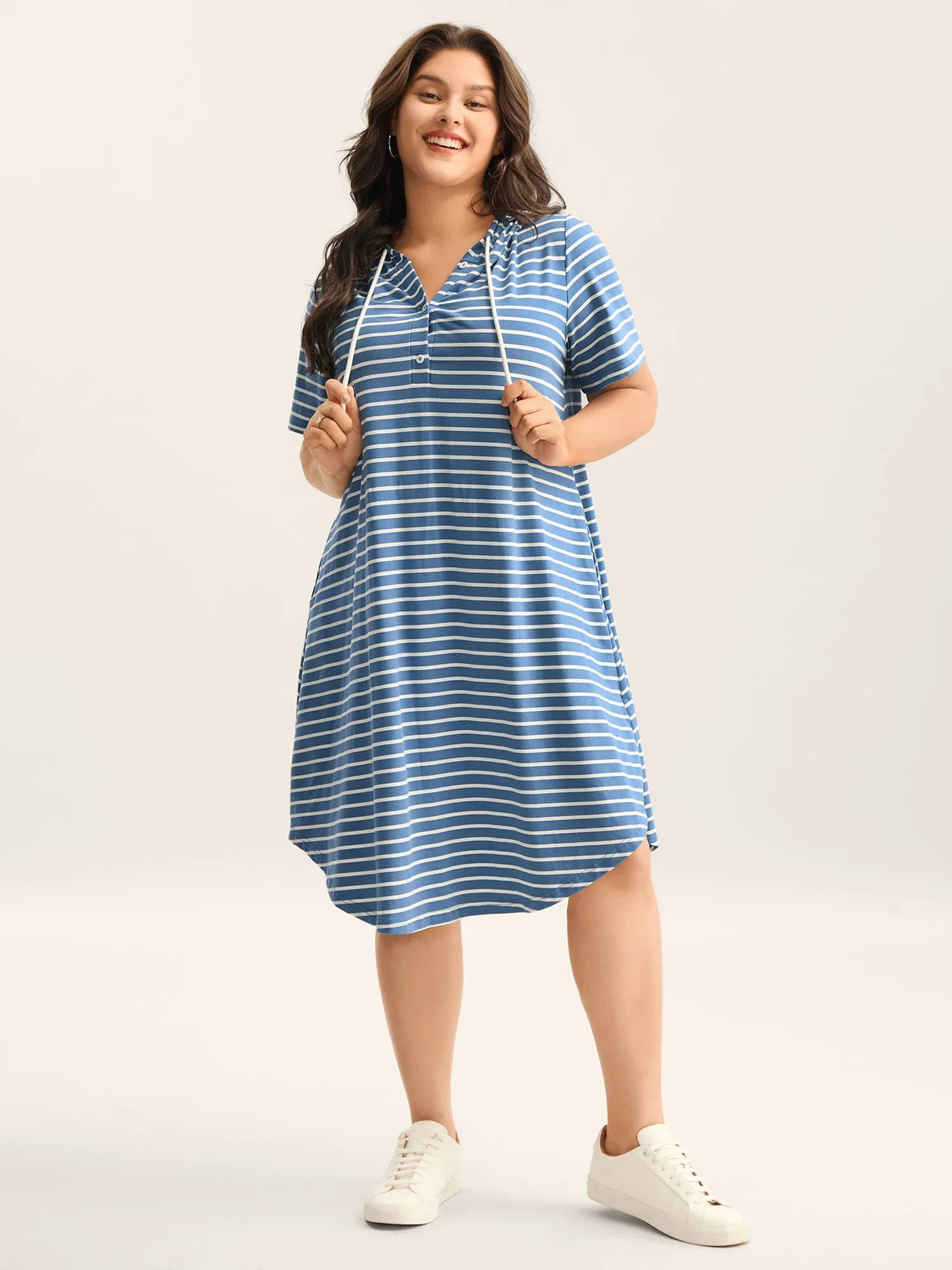 Stripe Print Curvy Hem Hooded Mini Dress sold by Bloomchic